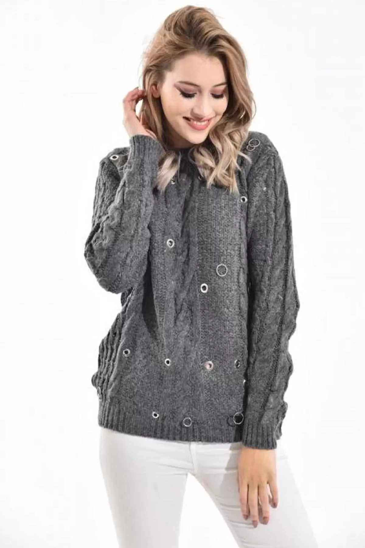 Bisiklet Yaka Kuşgözü ve Halkalı Füme Kadın Kazak