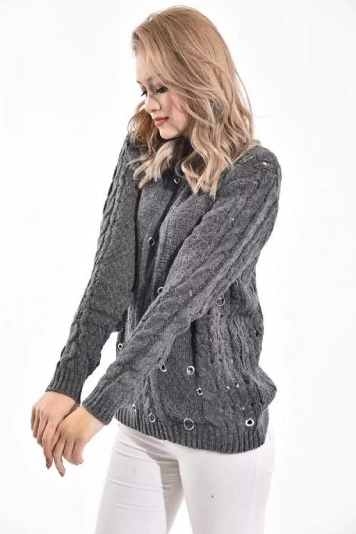 Bisiklet Yaka Kuşgözü ve Halkalı Füme Kadın Kazak