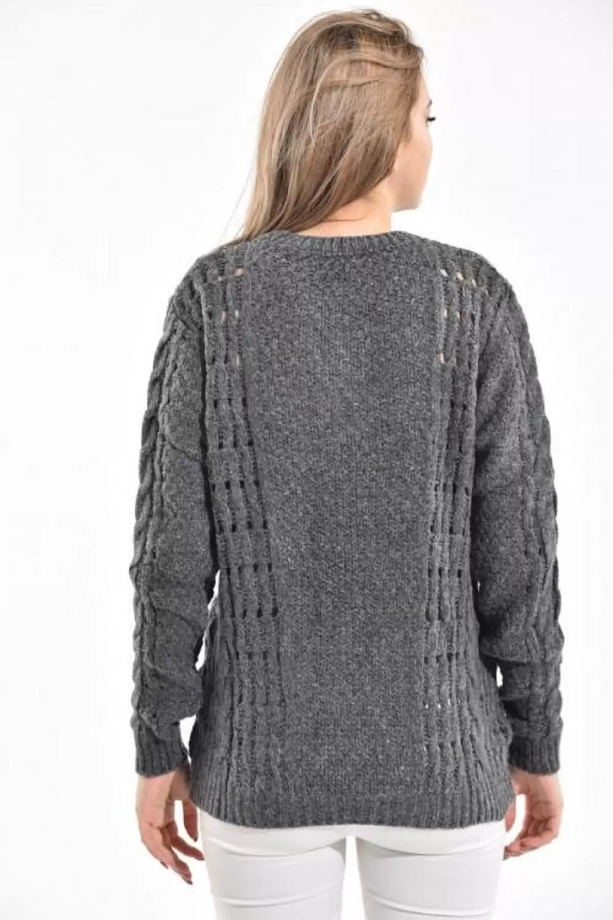 Bisiklet Yaka Kuşgözü ve Halkalı Füme Kadın Kazak