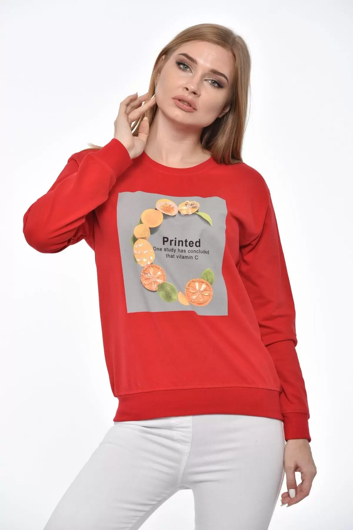 Bisiklet Yaka Limon Baskılı Taş ve Pullu Kırmızı Kadın Tişört