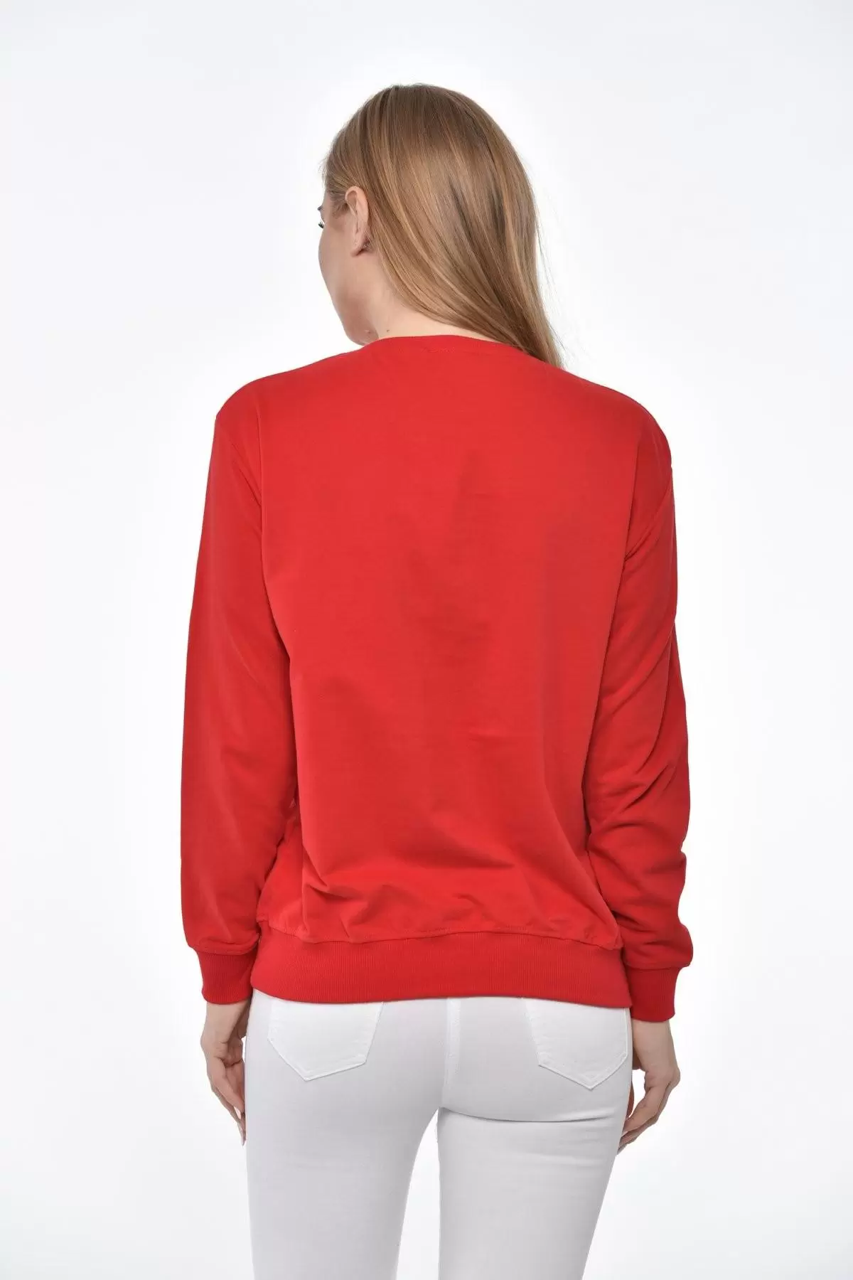 Bisiklet Yaka Limon Baskılı Taş ve Pullu Kırmızı Kadın Tişört