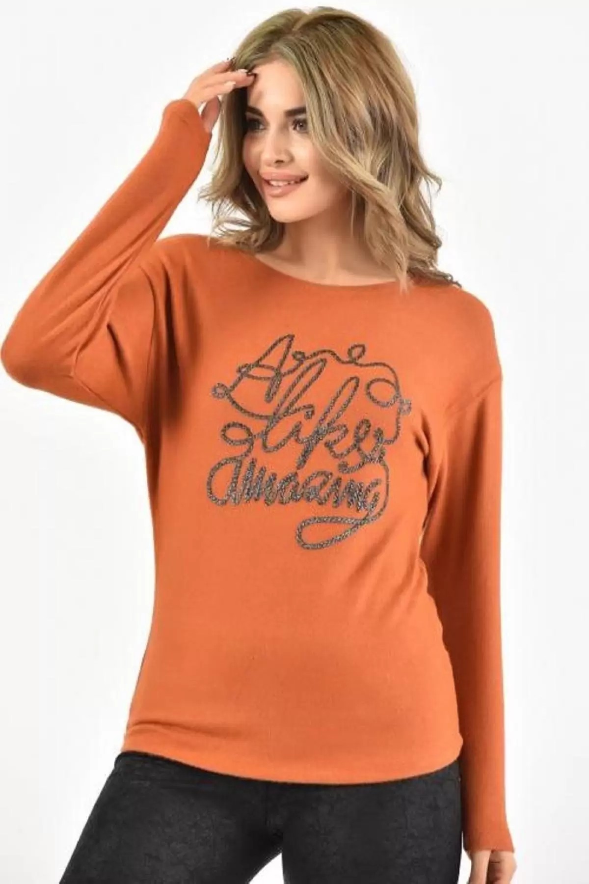 Bisiklet Yaka Nakış Baskılı Örme Kiremit Kadın Bluz