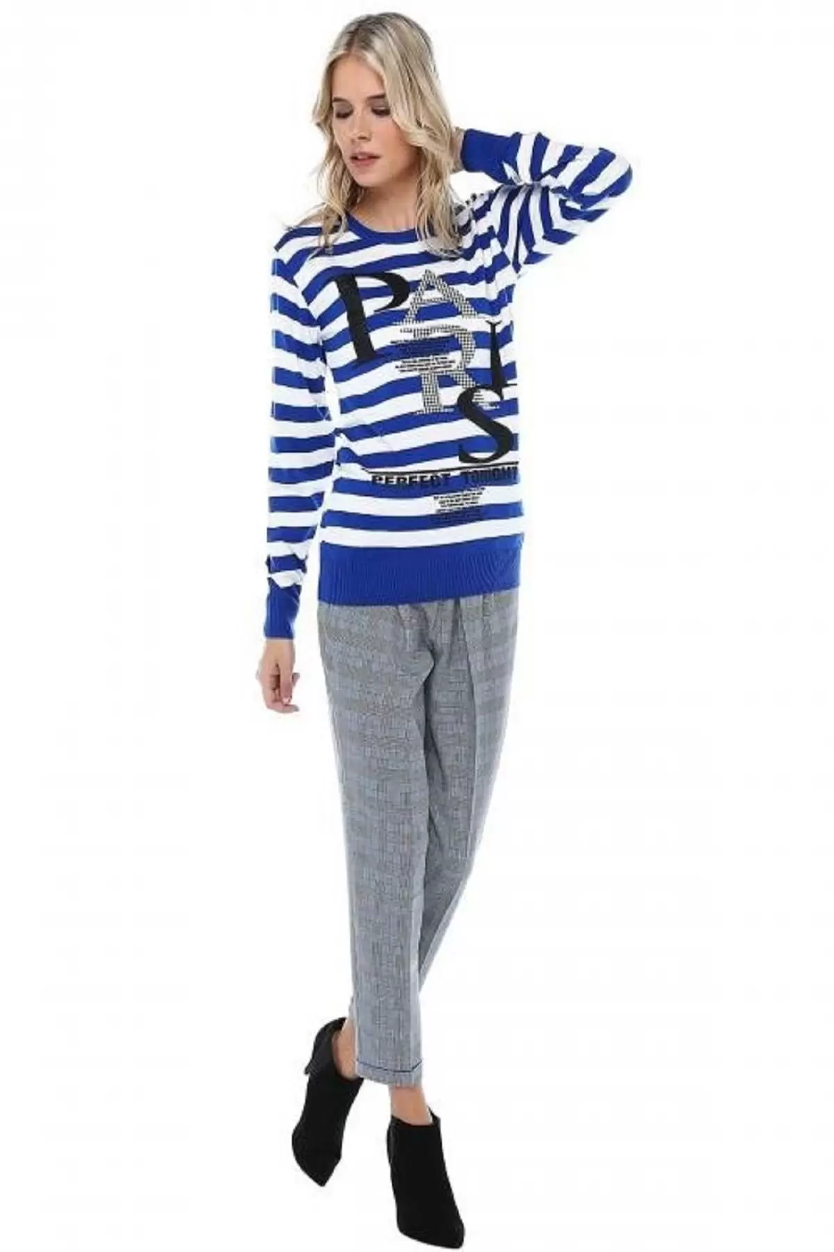 Bisiklet Yaka Paris Baskılı Çizgili Basic Mavi Kadın Triko Kazak