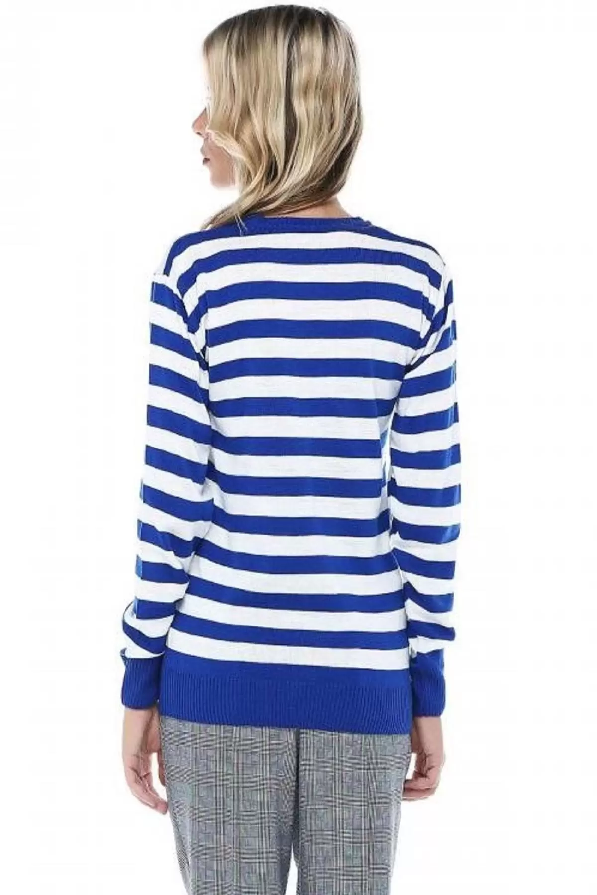 Bisiklet Yaka Paris Baskılı Çizgili Basic Mavi Kadın Triko Kazak