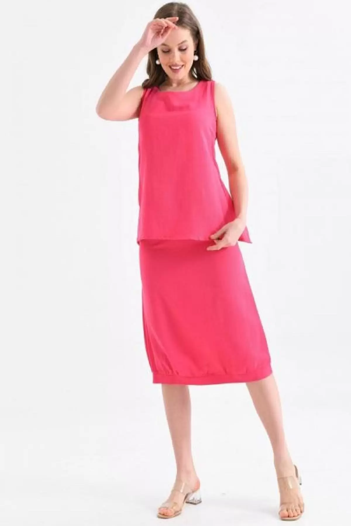 Bisiklet Yaka Sırt Detaylı Alt Üst İkili Fuşya Elbise