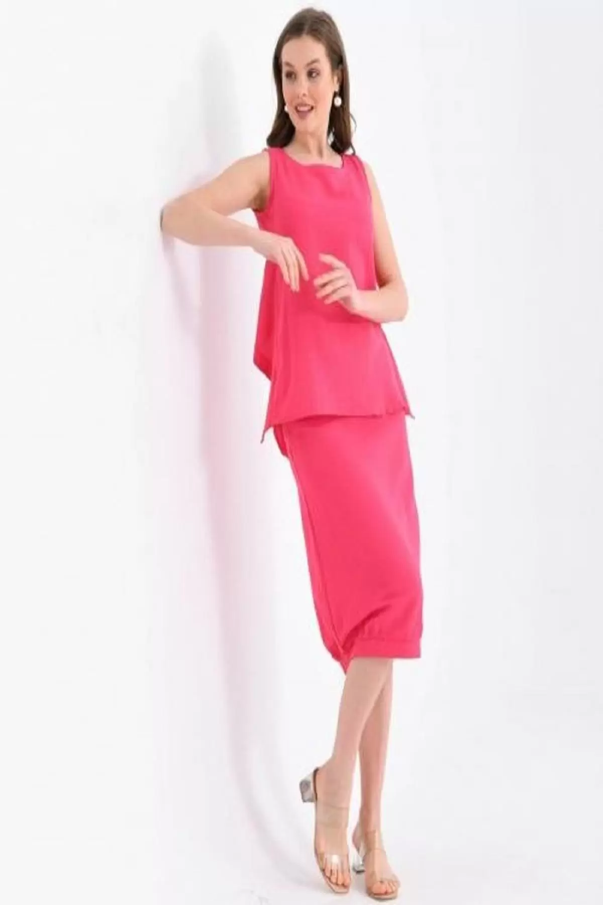 Bisiklet Yaka Sırt Detaylı Alt Üst İkili Fuşya Elbise