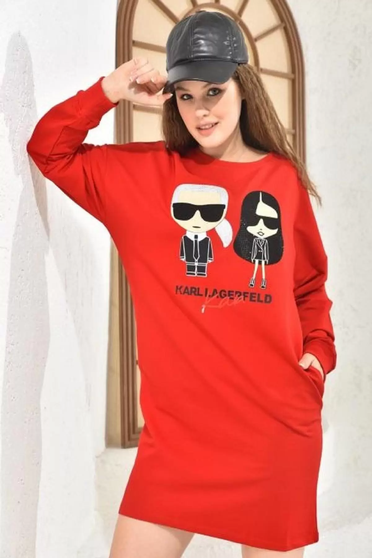 Bisiklet Yaka Taş ve Baskılı Figürlü Kırmızı Kadın Tunik Elbise