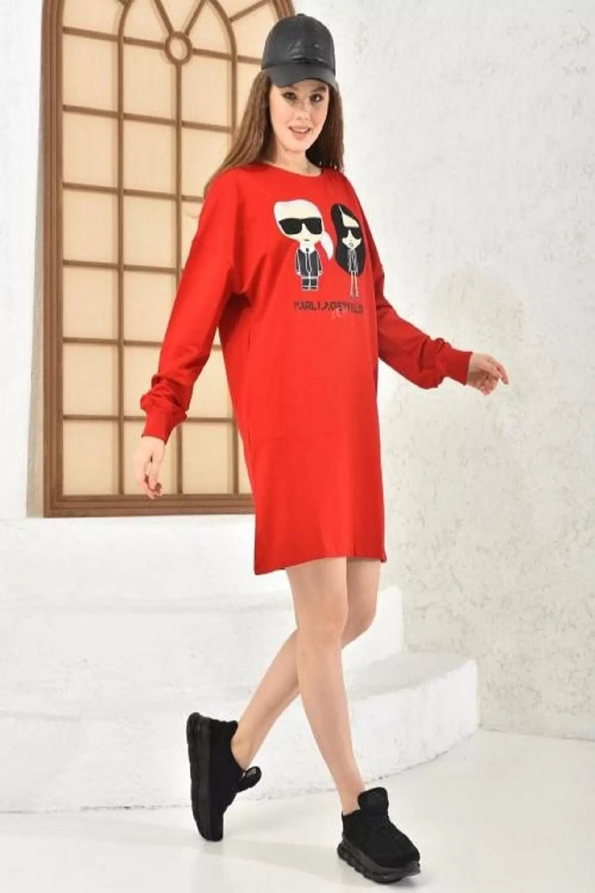 Bisiklet Yaka Taş ve Baskılı Figürlü Kırmızı Kadın Tunik Elbise