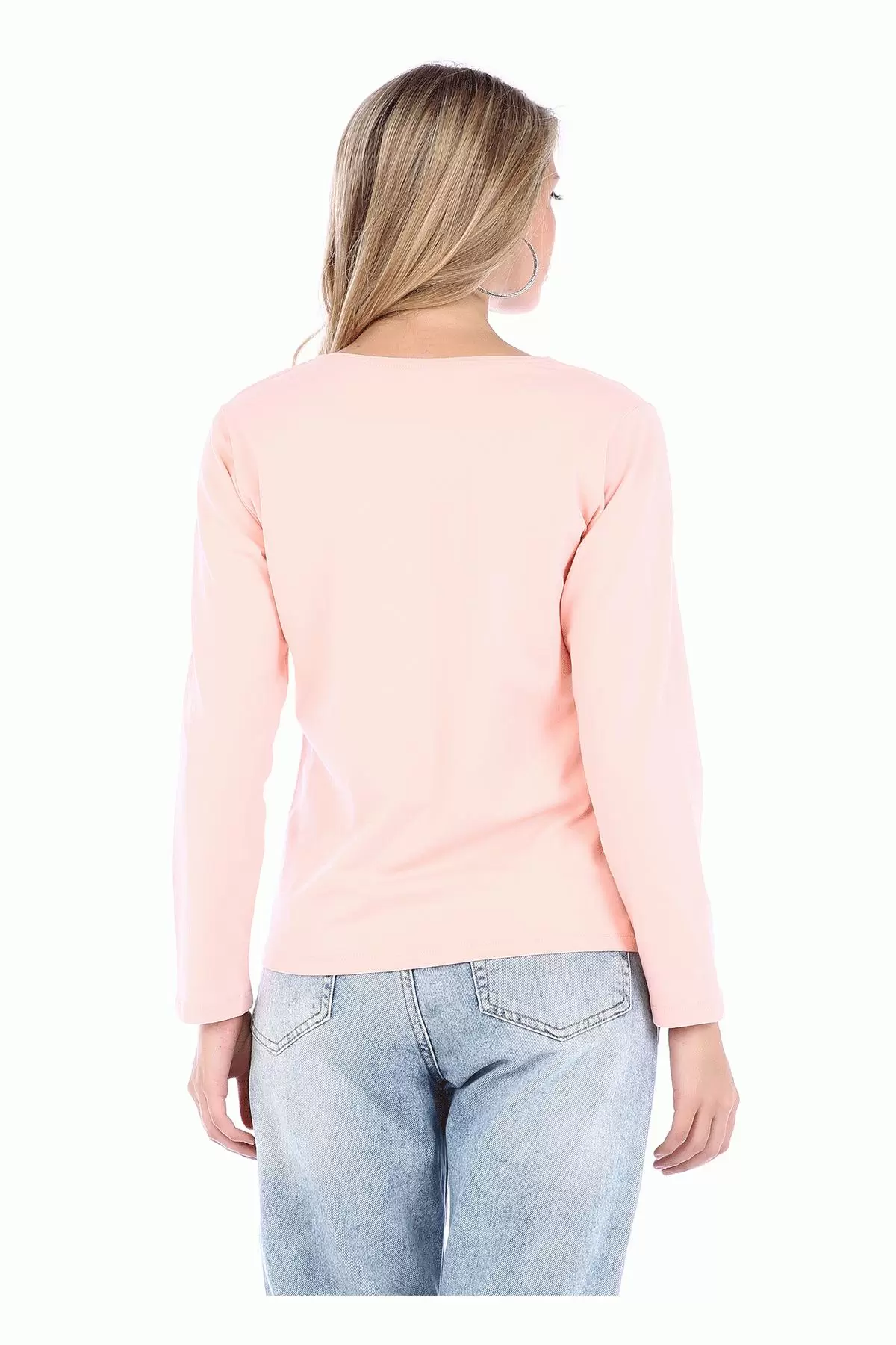 Bisiklet Yaka Uzun Kollu Yıldız Baskılı Pudra Kadın Tişört