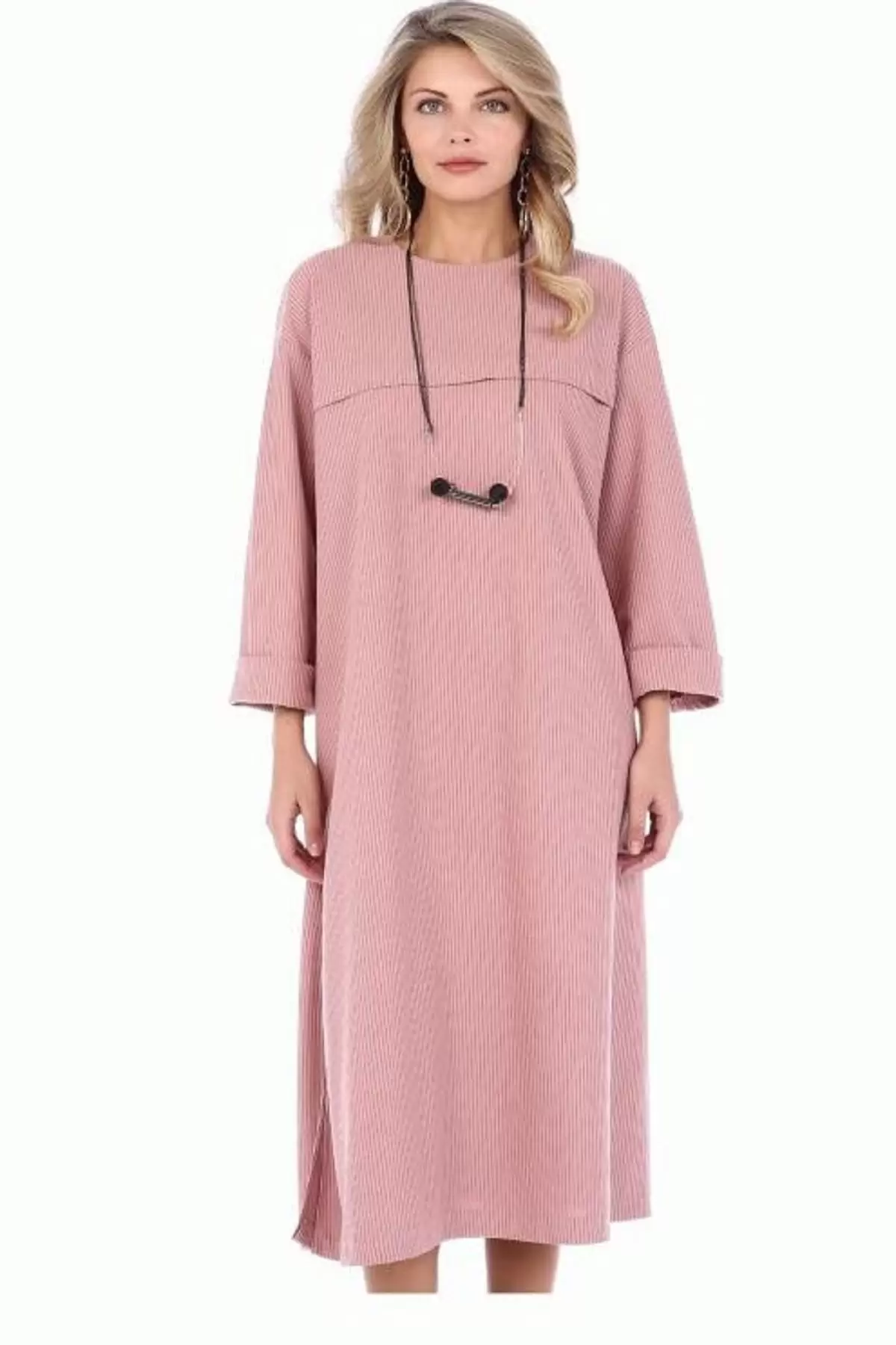 Bisiklet Yaka Yırtmaç ve Takılı Somon Kadife Kadın Elbise