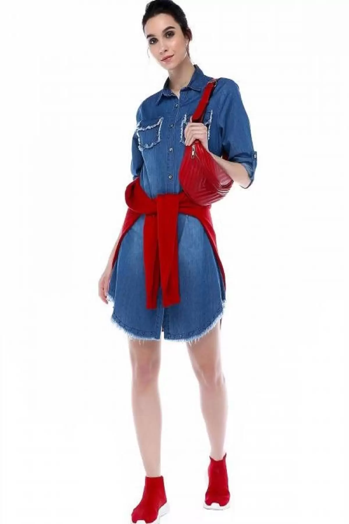 Cep ve Etek Kenarları Püsküllü İncili Koyu Mavi Kadın Tunik