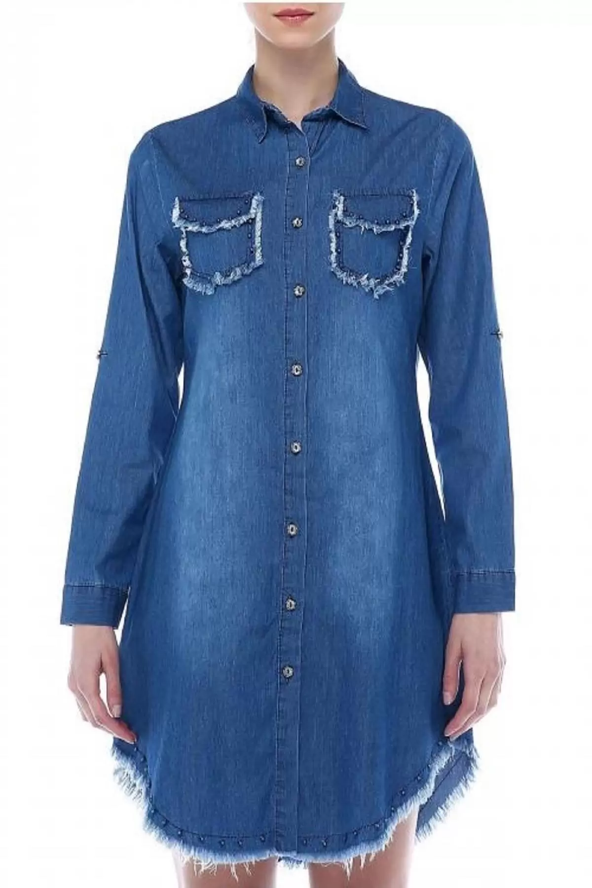 Cep ve Etek Kenarları Püsküllü İncili Koyu Mavi Kadın Tunik
