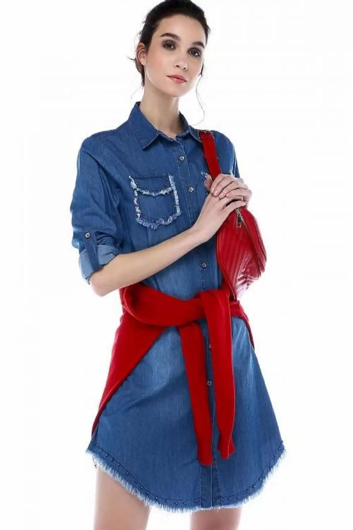 Cep ve Etek Kenarları Püsküllü İncili Koyu Mavi Kadın Tunik