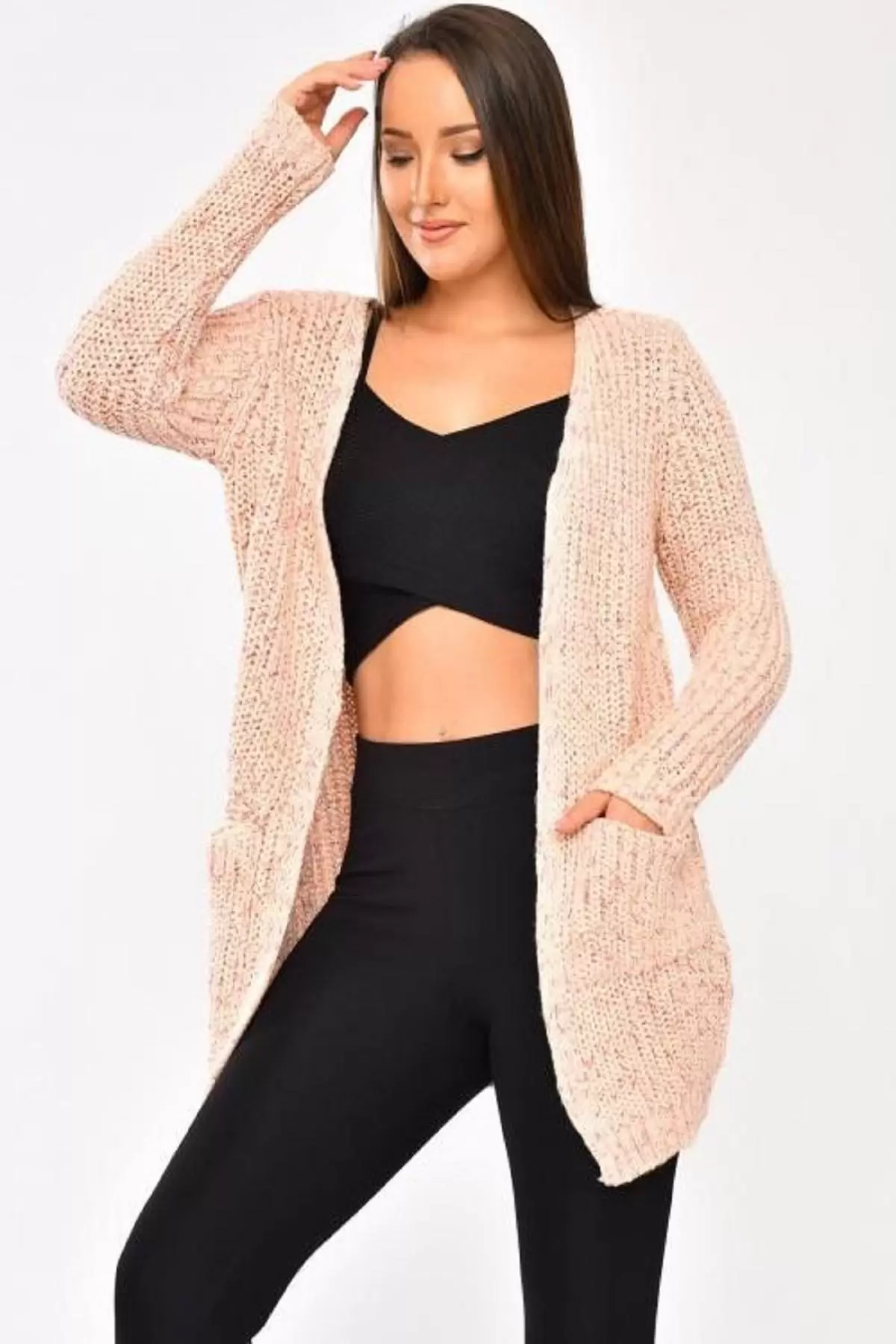 Çift Cepli ve Uzun Kollu Somon Kadın Triko Hırka