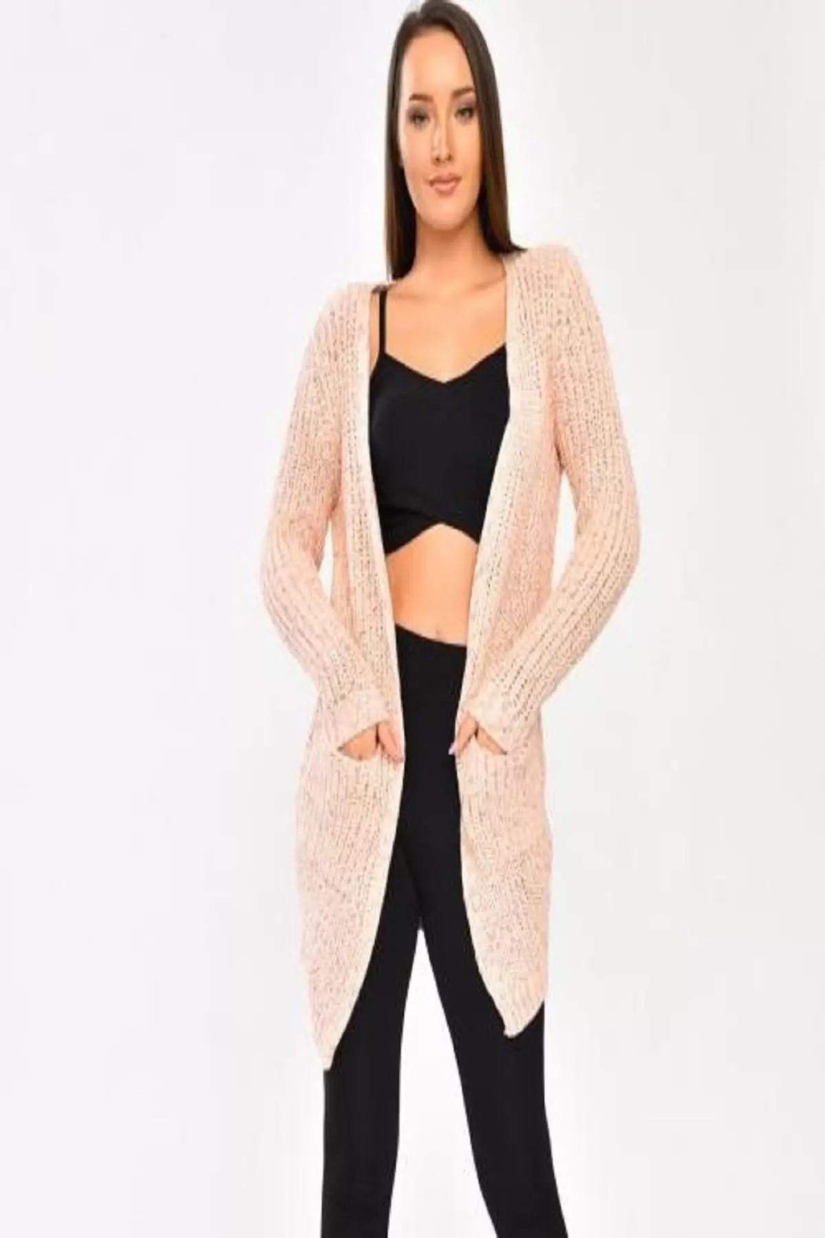 Çift Cepli ve Uzun Kollu Somon Kadın Triko Hırka