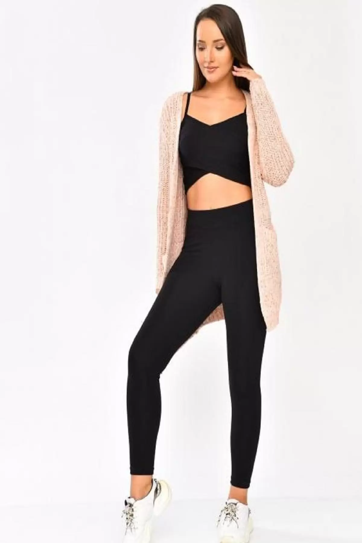 Çift Cepli ve Uzun Kollu Somon Kadın Triko Hırka