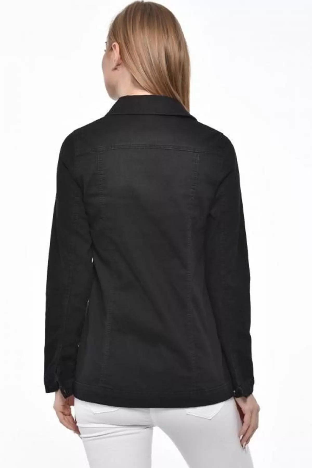 Düğmeli,Cepli ve Likralı Zımparalı Düz Kesim Siyah Kadın Kot Ceket