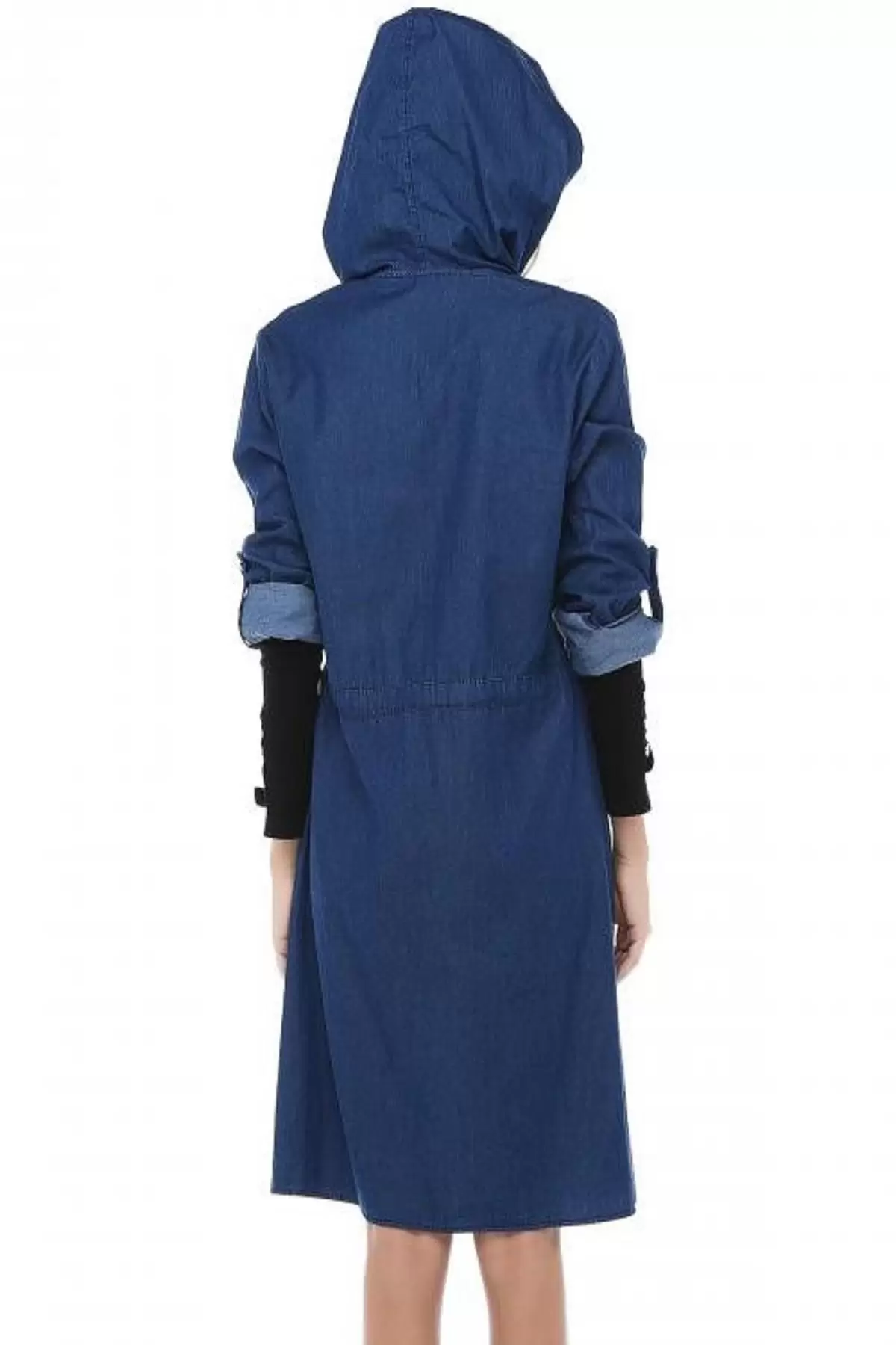 Fermuarlı Kapşonlu Koyu Mavi Uzun Kadın Kot Ceket