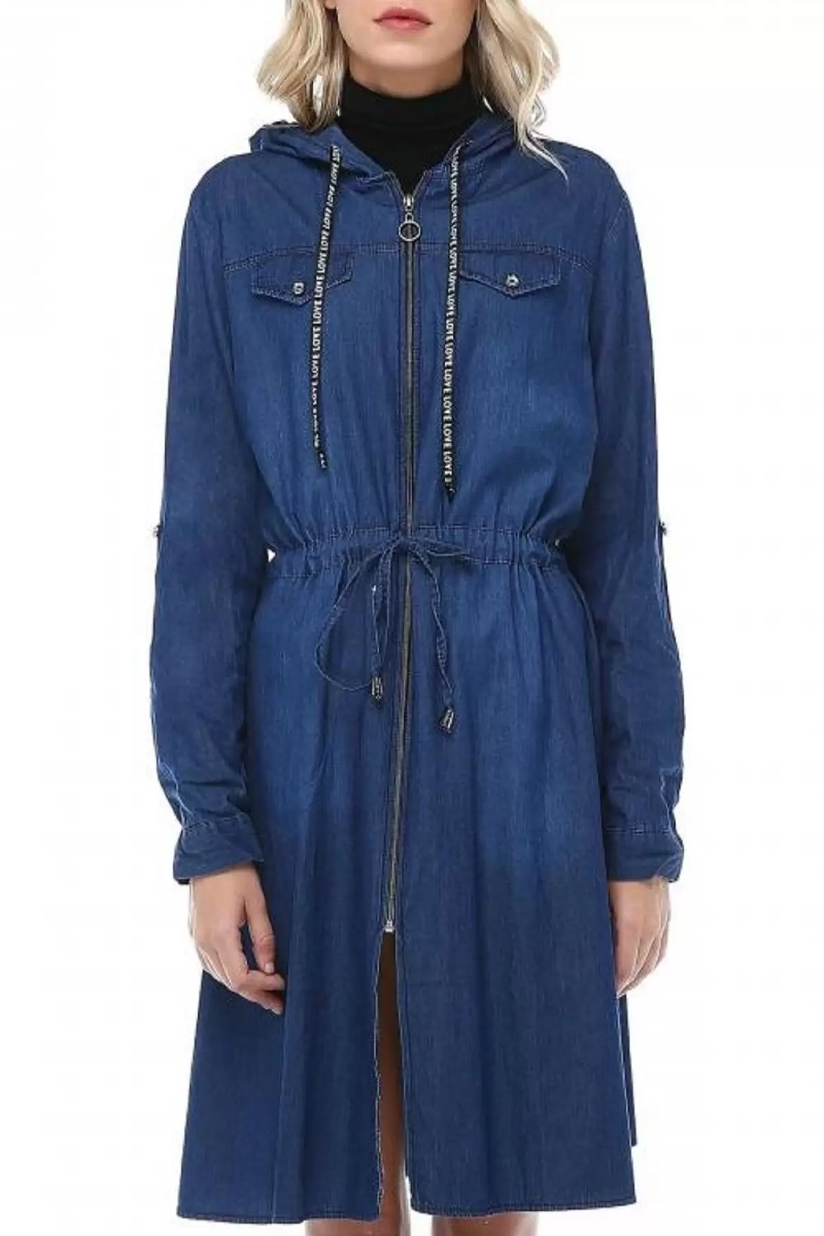 Fermuarlı Kapşonlu Koyu Mavi Uzun Kadın Kot Ceket