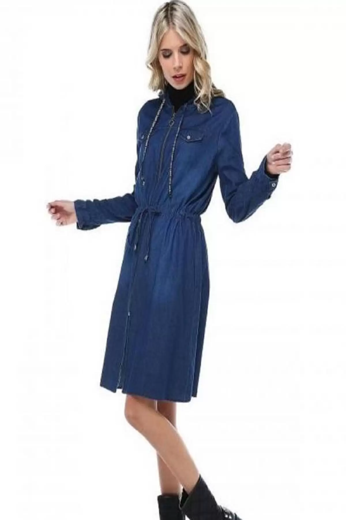 Fermuarlı Kapşonlu Koyu Mavi Uzun Kadın Kot Ceket