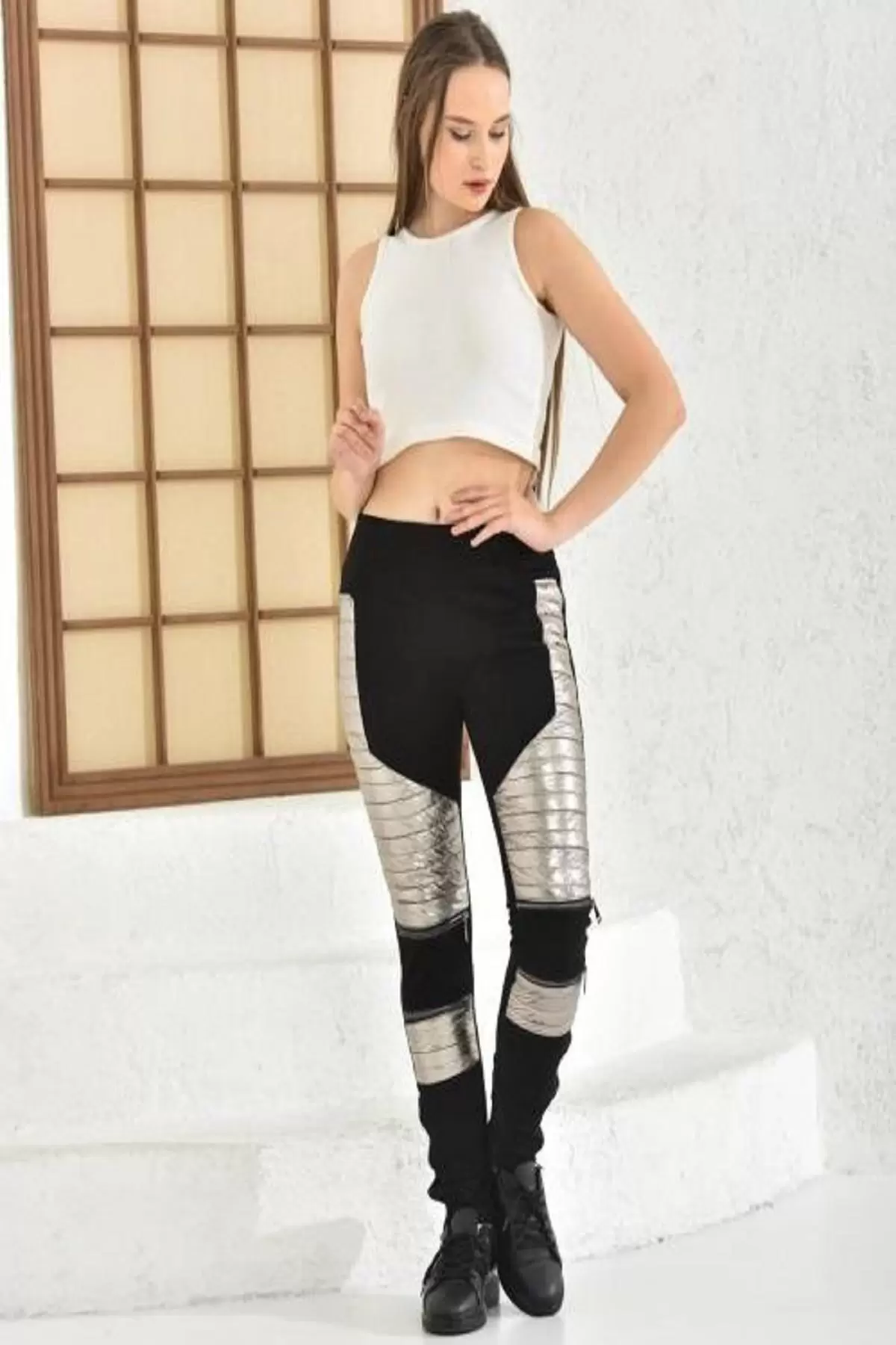 Fermuarlı Sarı Şişme Desenli Siyah Kadın Tayt