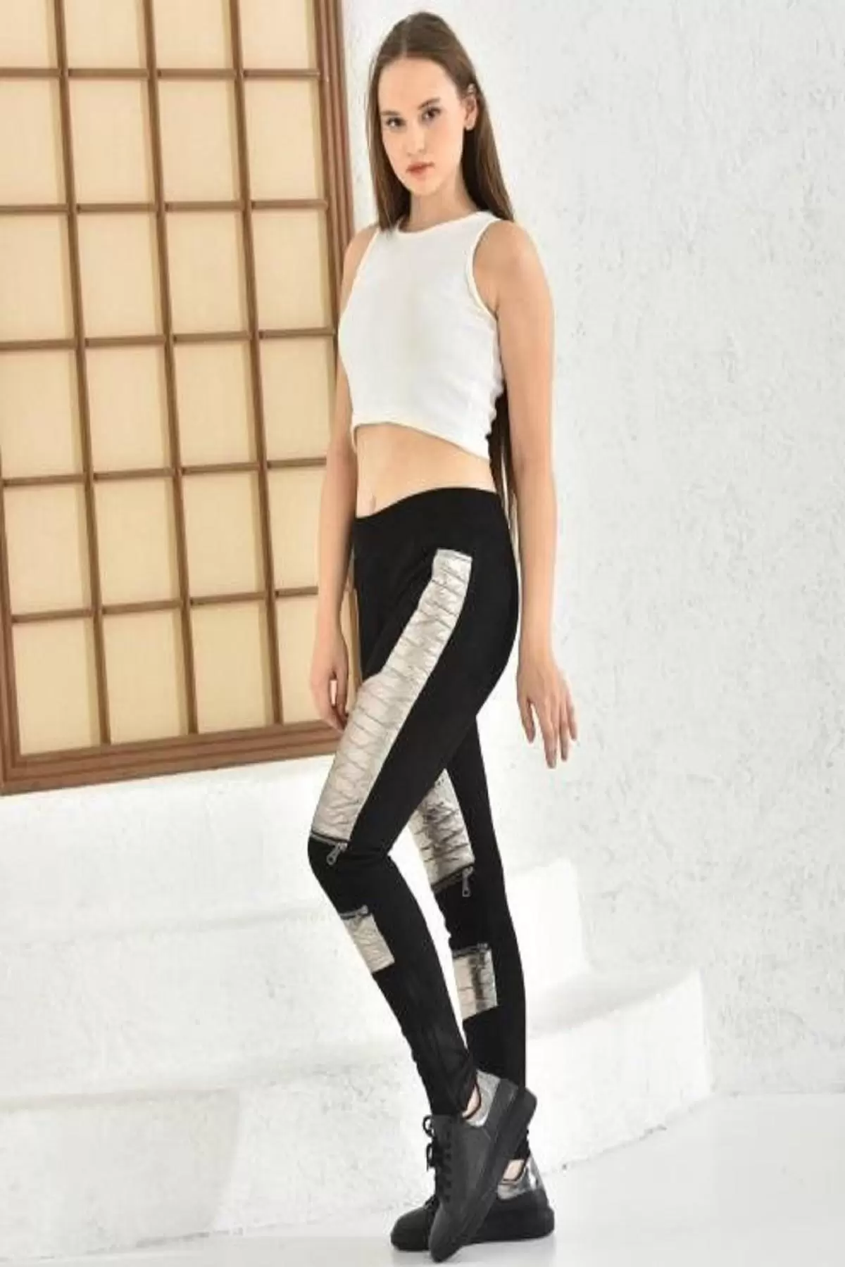 Fermuarlı Sarı Şişme Desenli Siyah Kadın Tayt