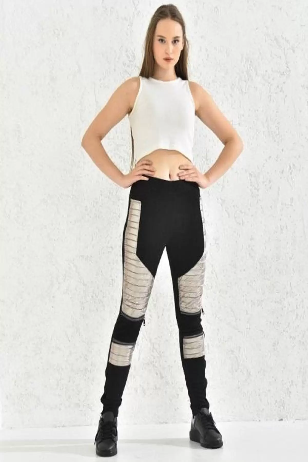 Fermuarlı Sarı Şişme Desenli Siyah Kadın Tayt