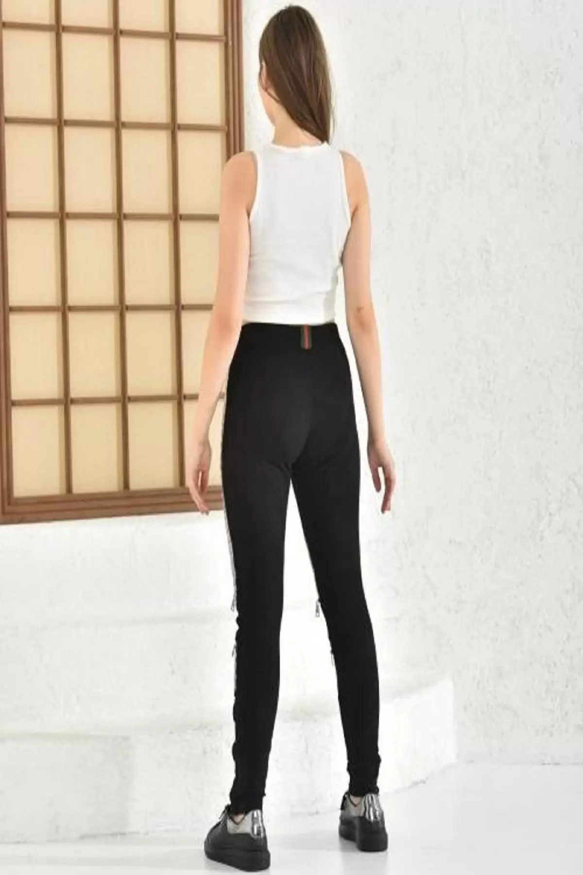 Fermuarlı Sarı Şişme Desenli Siyah Kadın Tayt