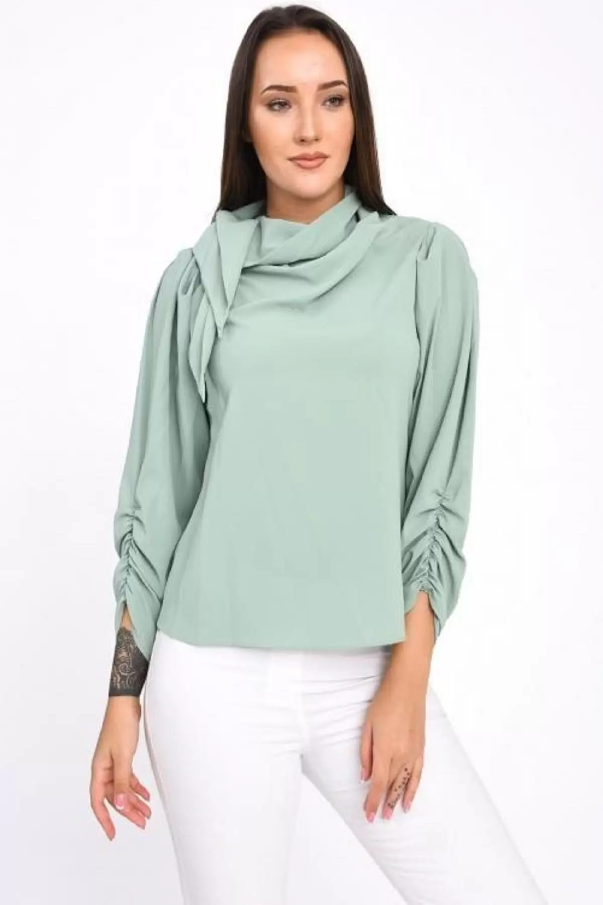 Fular Detaylı Uzun Kollu Mint Yeşil Kadın Bluz