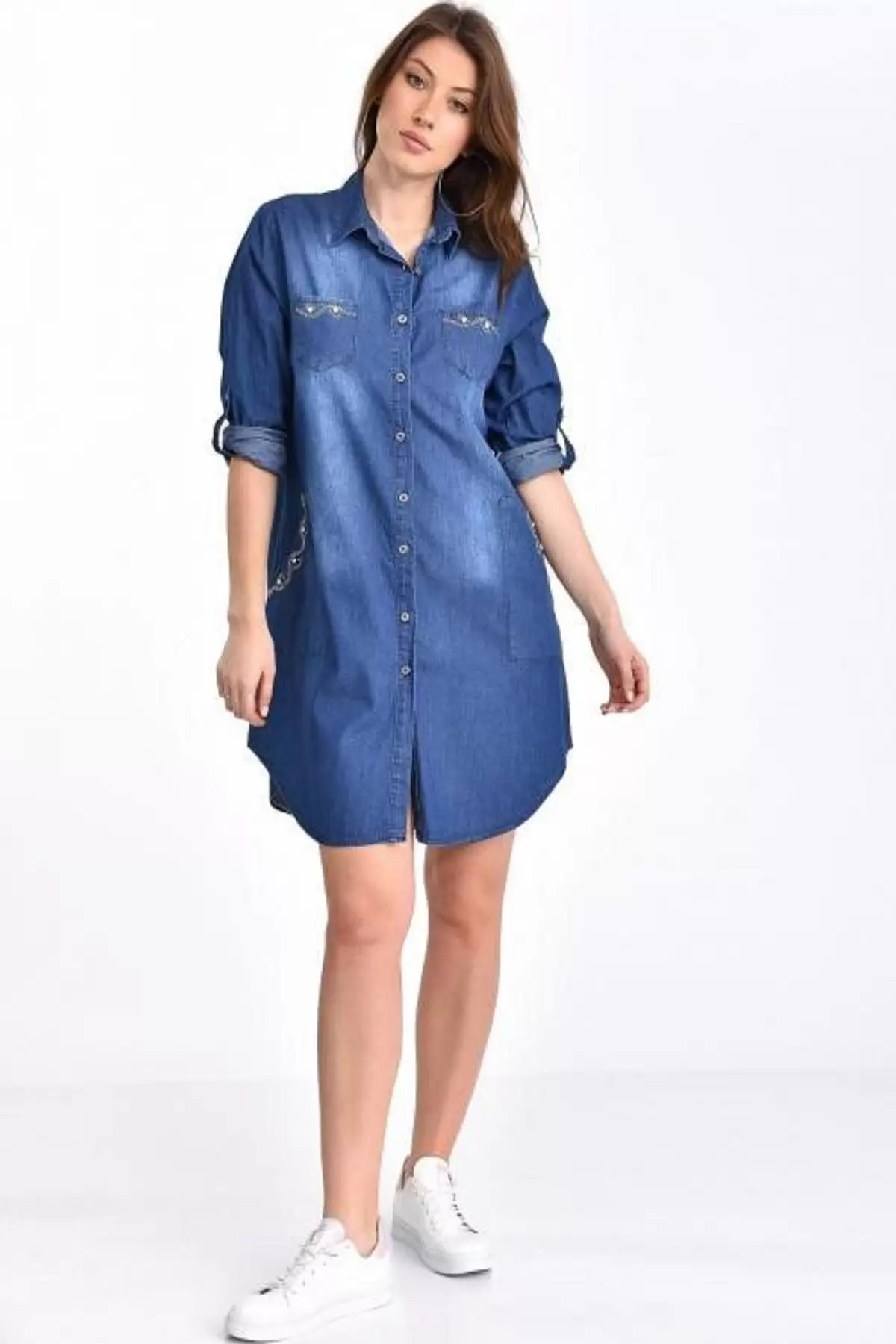 Göğüs ve Cep Taş Dizinli Yıkamalı Koyu Mavi Kadın Tunik