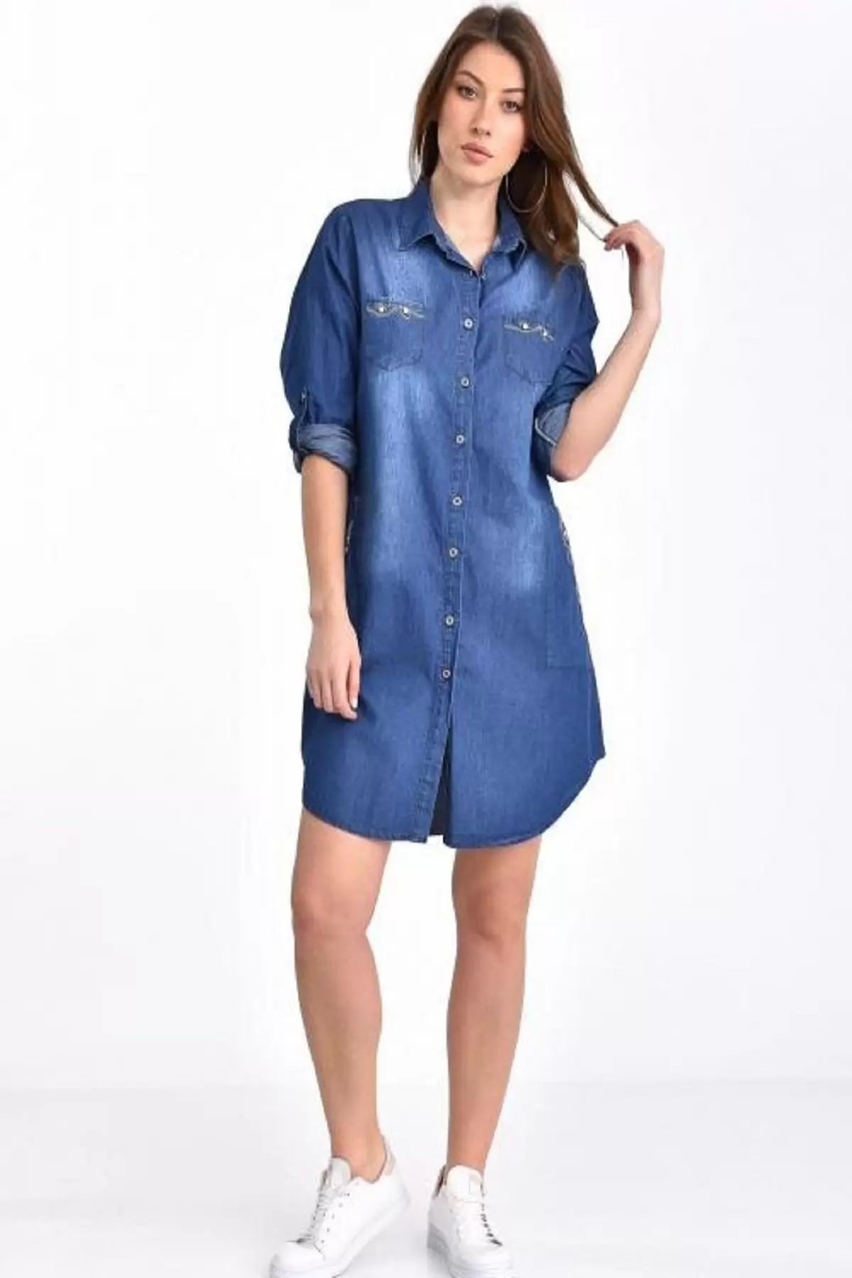 Göğüs ve Cep Taş Dizinli Yıkamalı Koyu Mavi Kadın Tunik