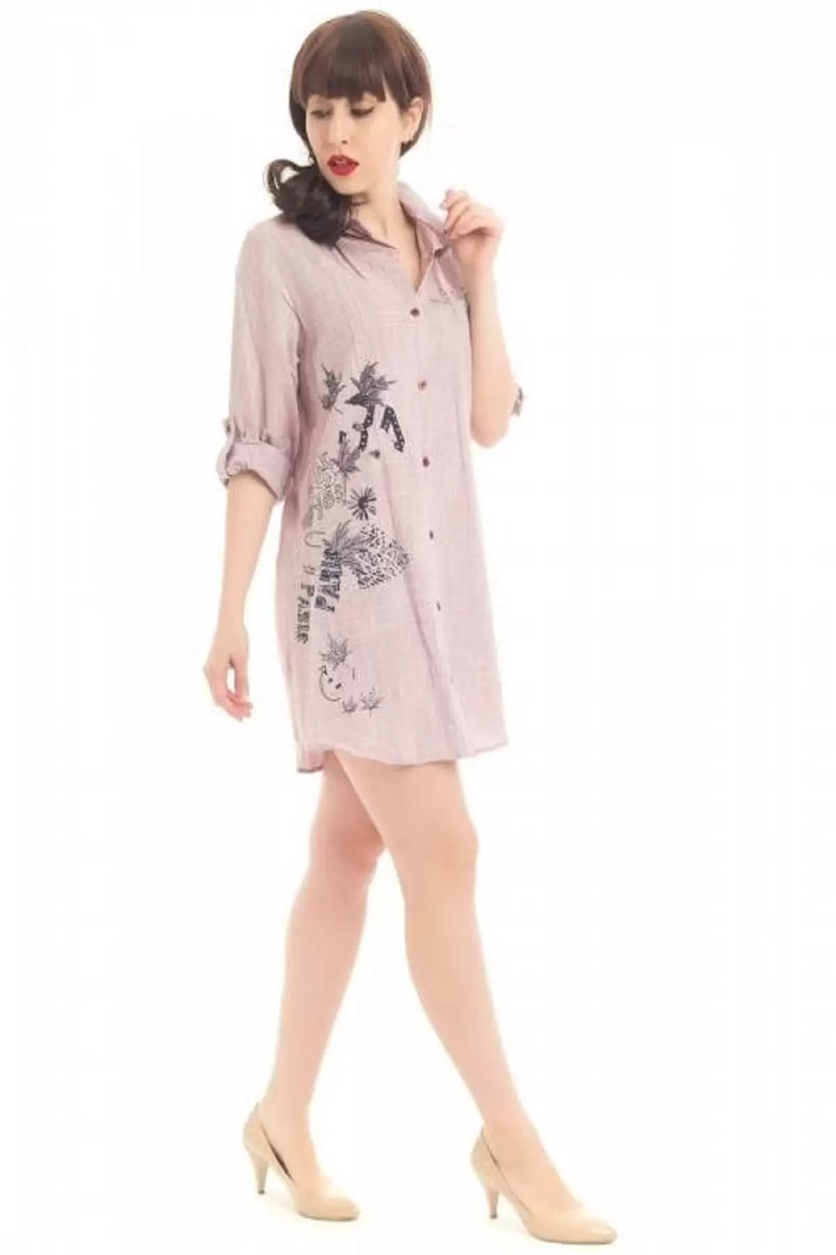 Gömlek Yaka İnci Yazı Baskılı Vizon Kadın Keten Tunik