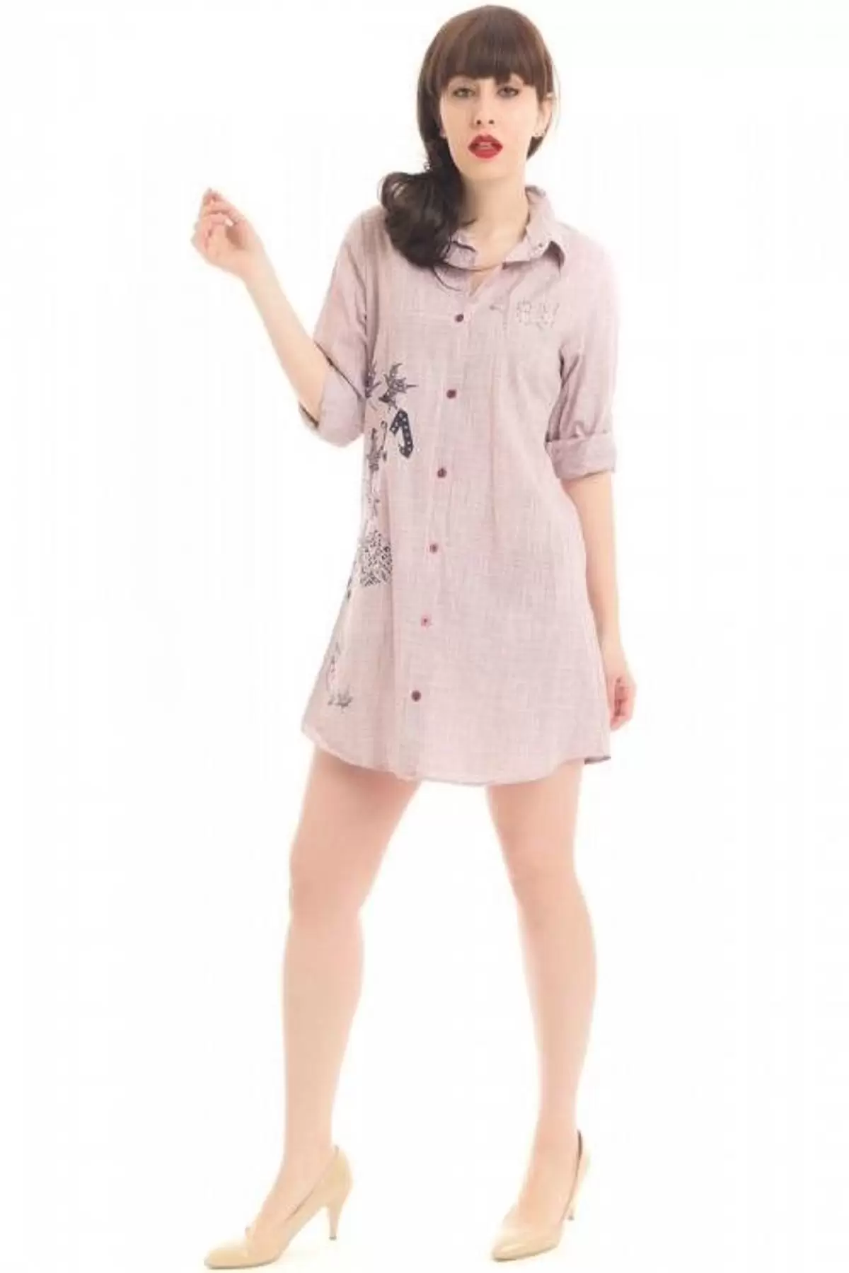 Gömlek Yaka İnci Yazı Baskılı Vizon Kadın Keten Tunik