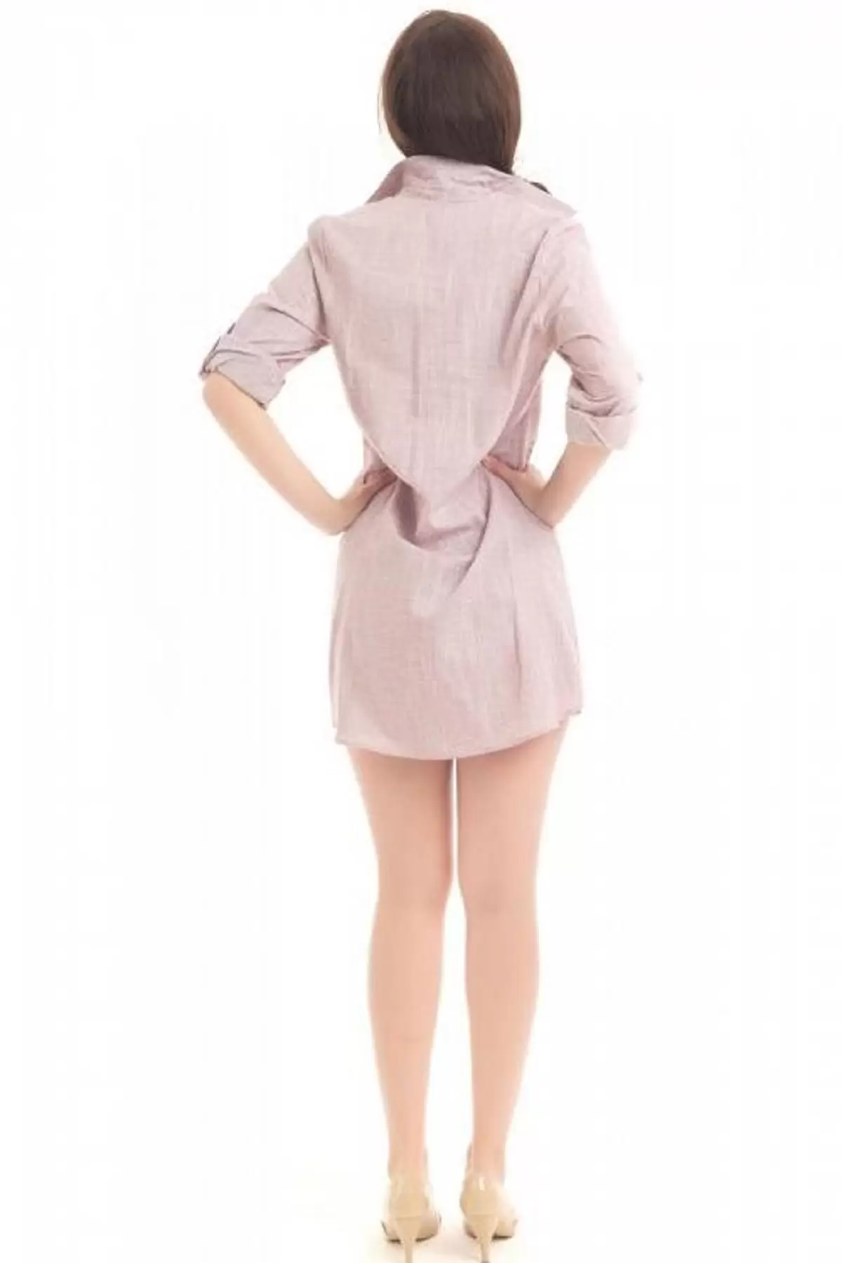 Gömlek Yaka İnci Yazı Baskılı Vizon Kadın Keten Tunik