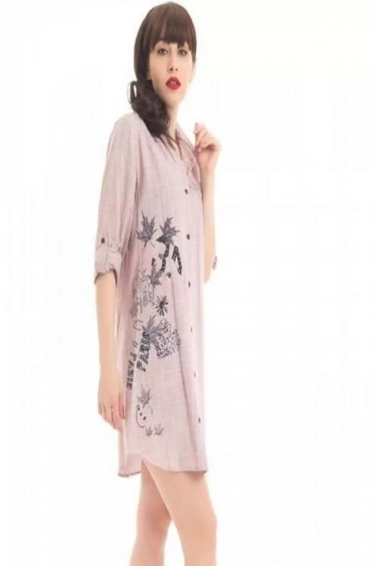 Gömlek Yaka İnci Yazı Baskılı Vizon Kadın Keten Tunik