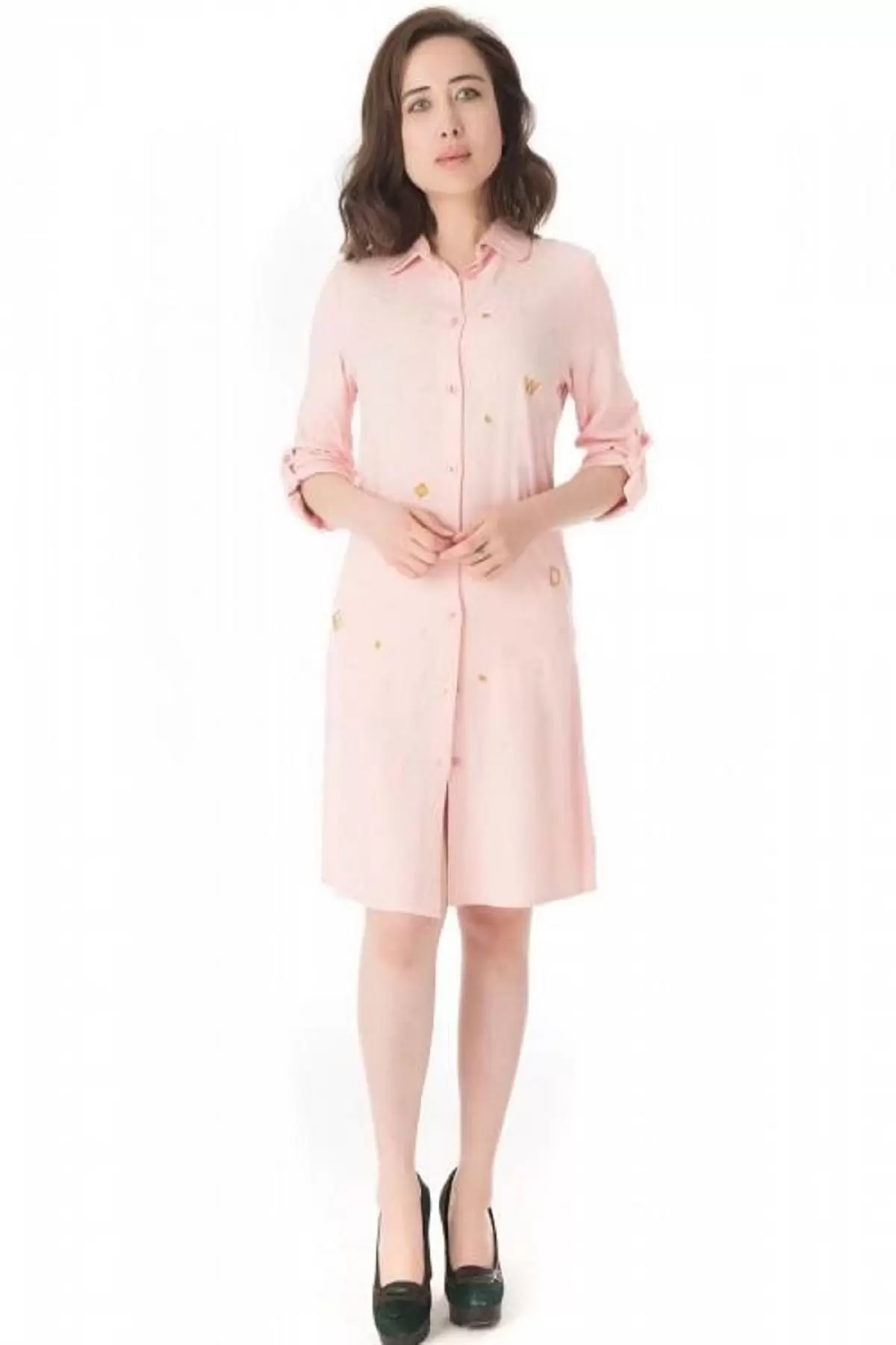 Gömlek Yaka Nakış İşlemeli Pembe Kadın Tunik