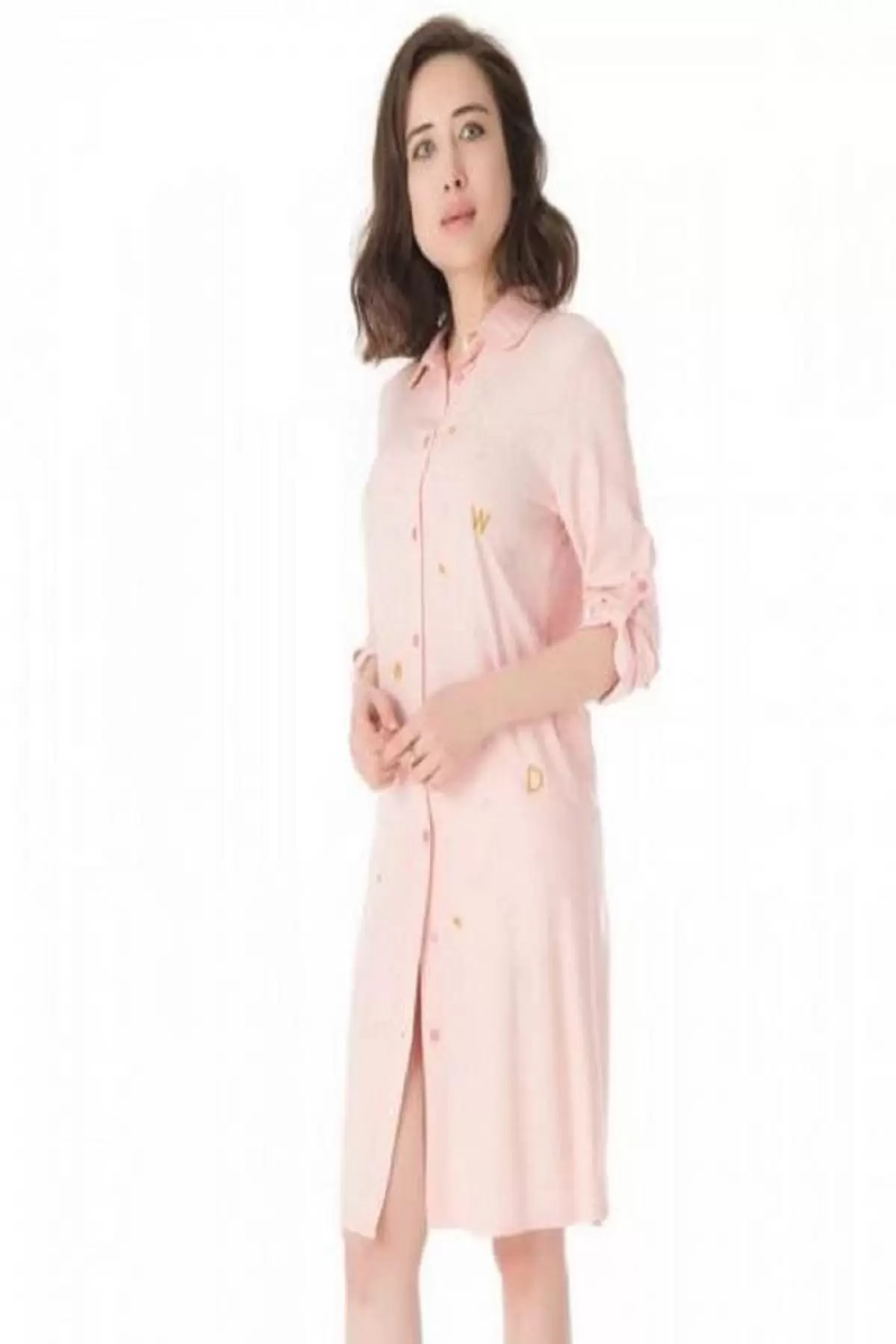 Gömlek Yaka Nakış İşlemeli Pembe Kadın Tunik