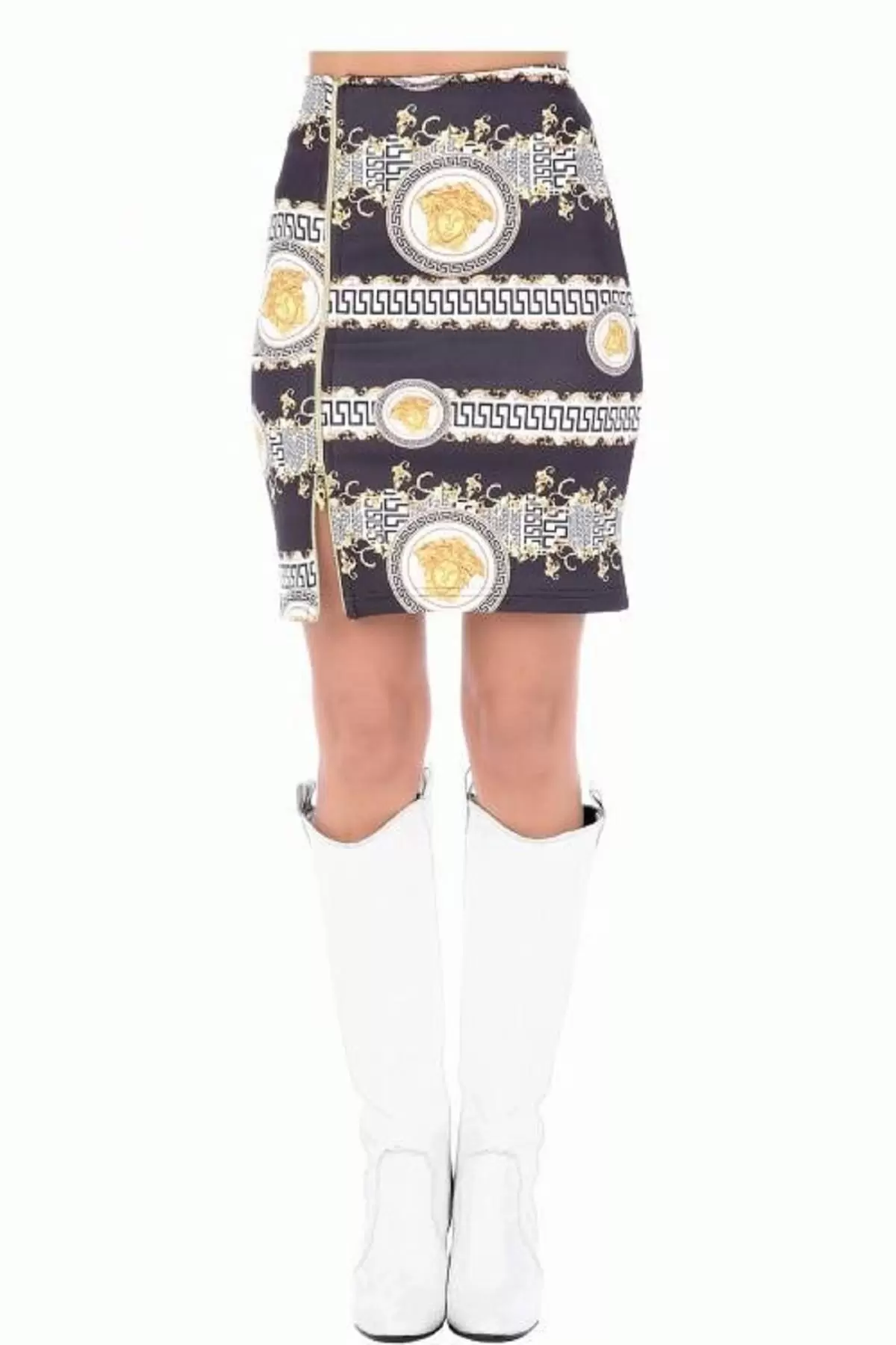 Güneş Baskılı Fermuarlı Füme Kadın Mini Etek