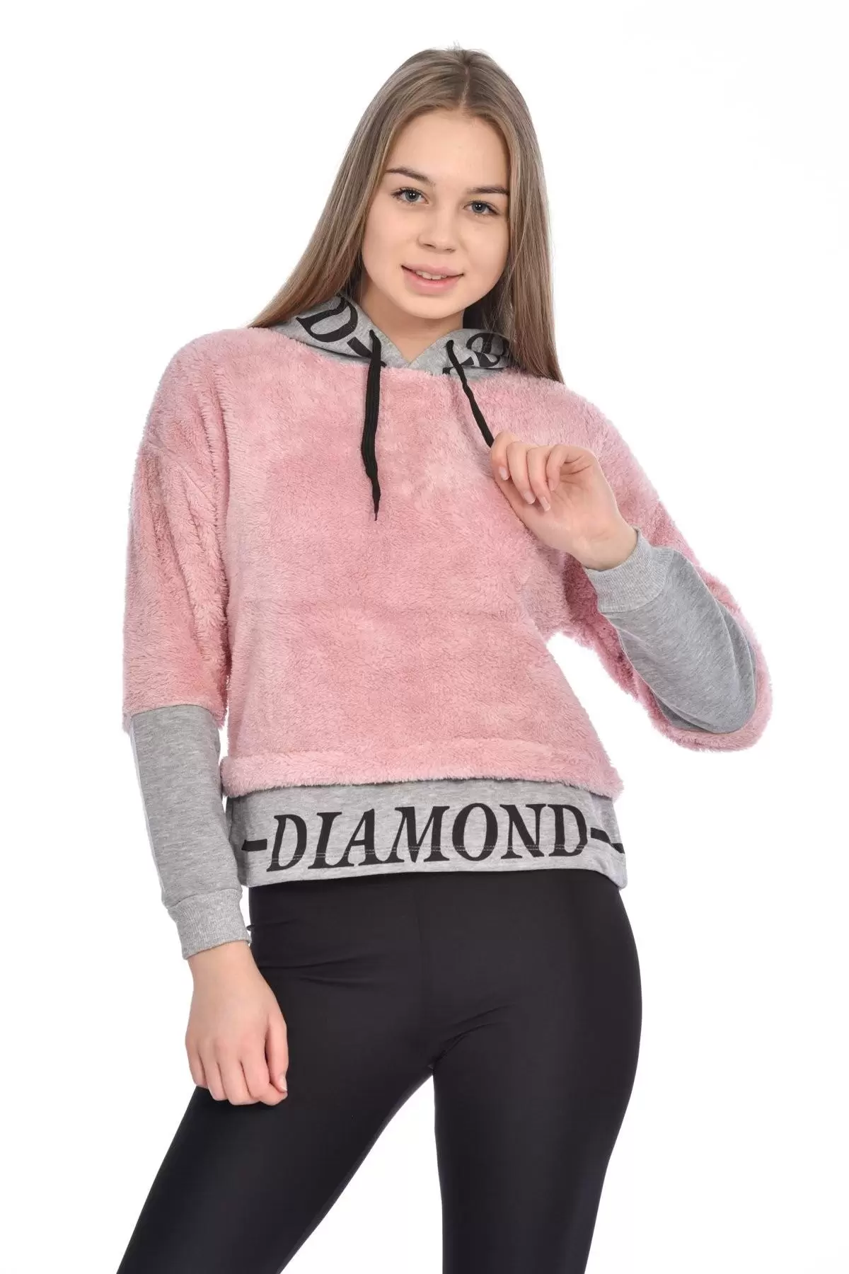 Kapüşonlu Baskılı Uzun Kollu Pudra Peluş Kadın Sweatshirt