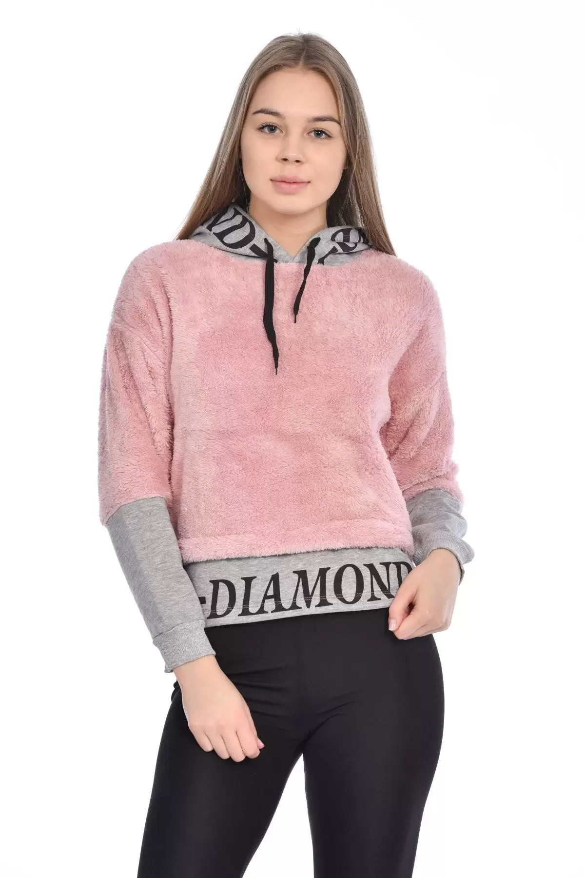 Kapüşonlu Baskılı Uzun Kollu Pudra Peluş Kadın Sweatshirt