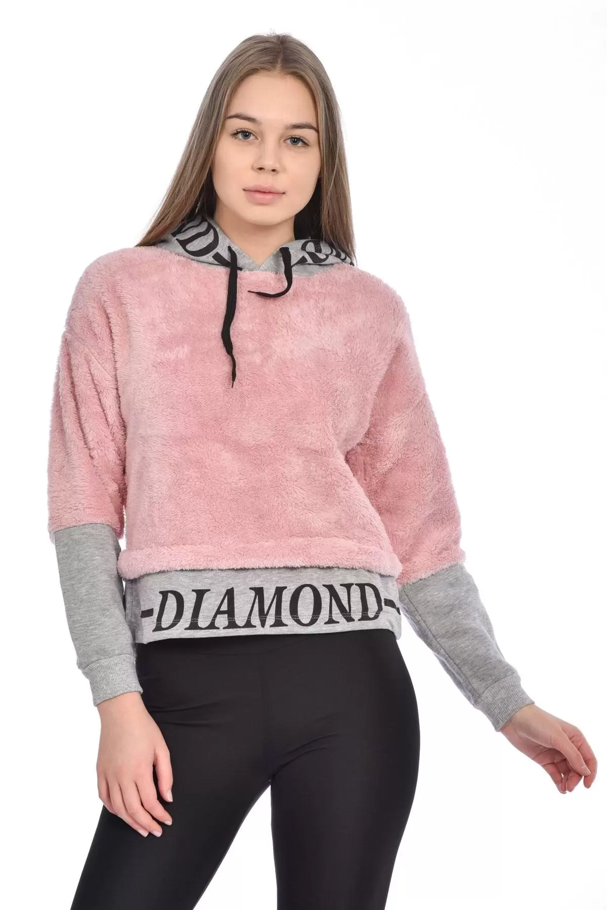 Kapüşonlu Baskılı Uzun Kollu Pudra Peluş Kadın Sweatshirt