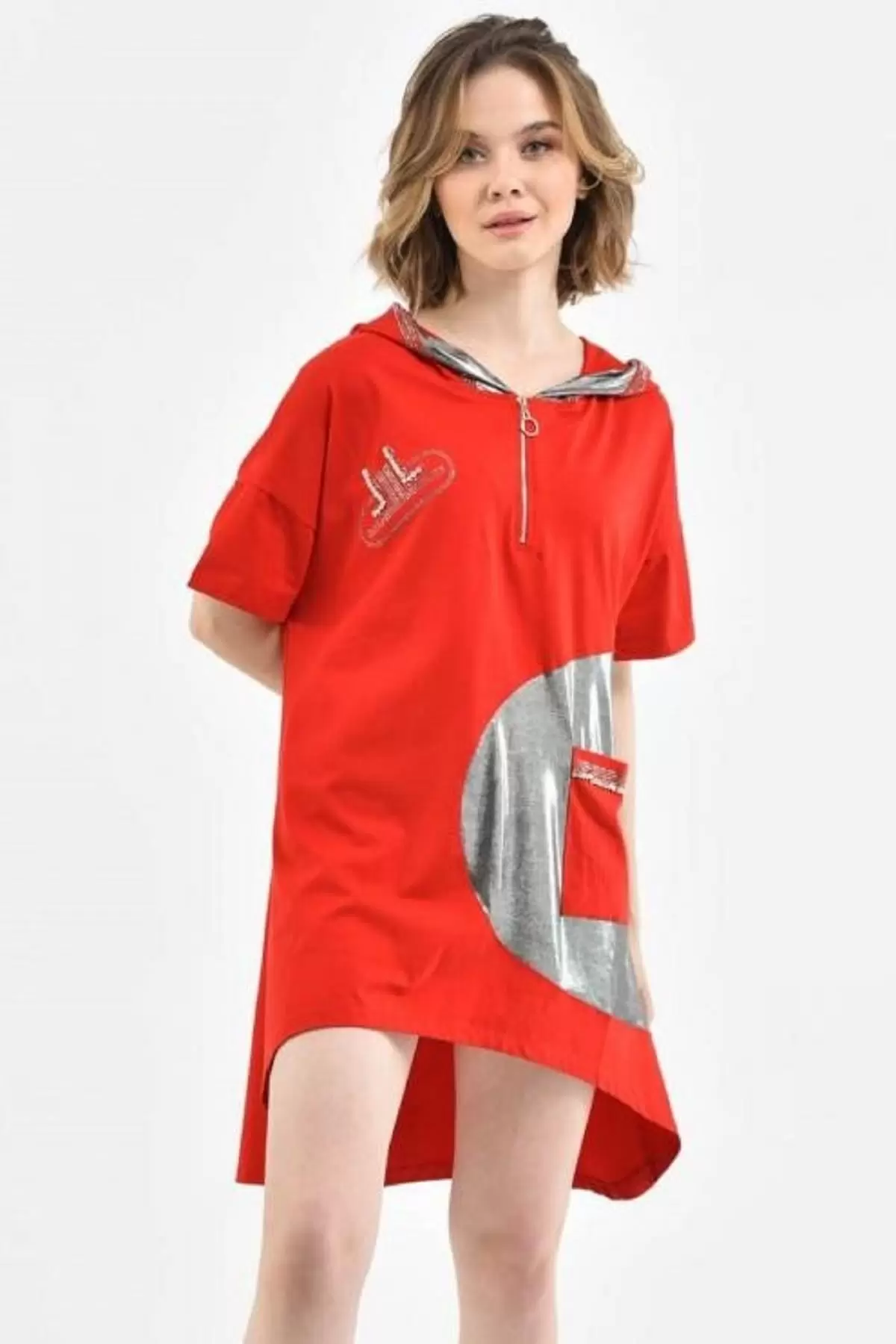 Kapüşonlu Fermuarlı Taş Dizinli Cepli Kırmızı Kadın Elbise