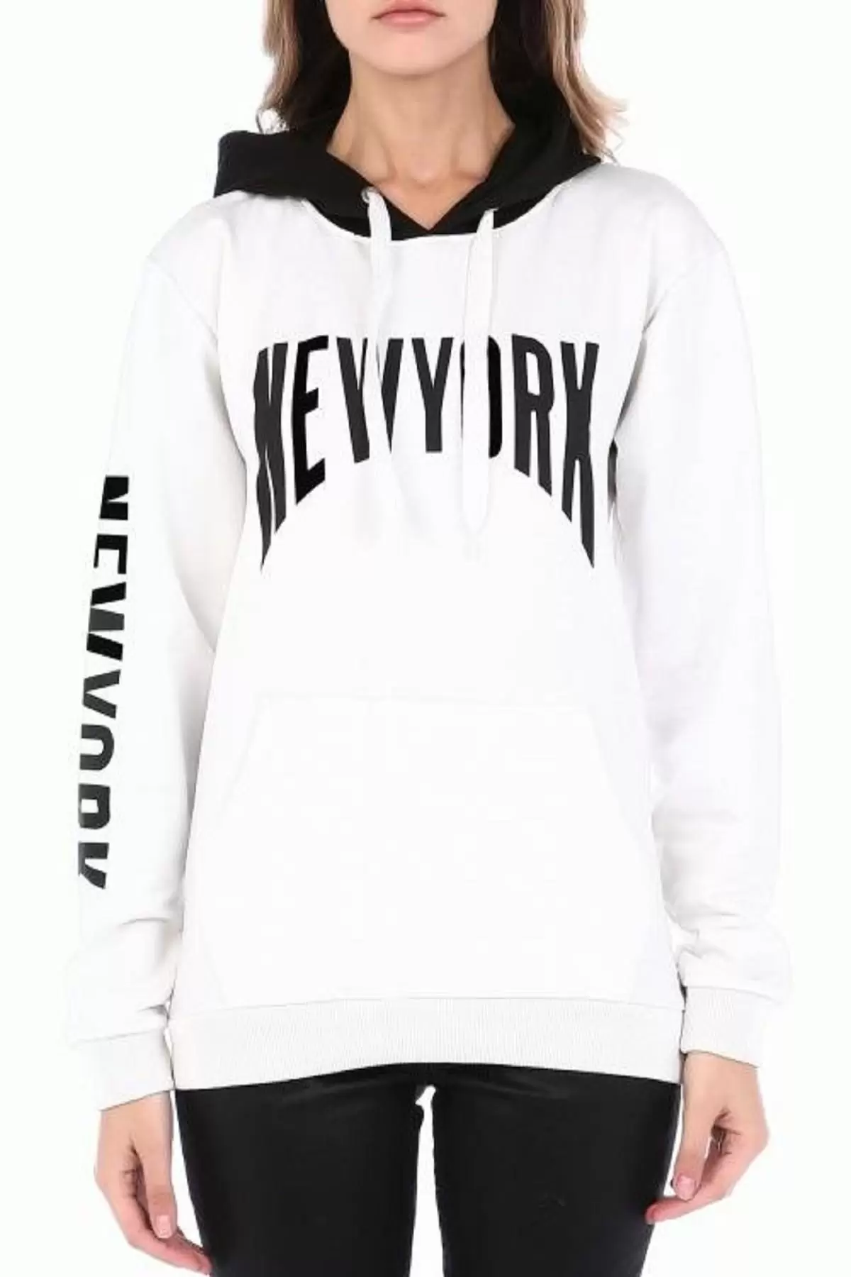 Kapüşonlu Kol ve Göğüs Baskılı Beyaz Kadın Sweatshirt