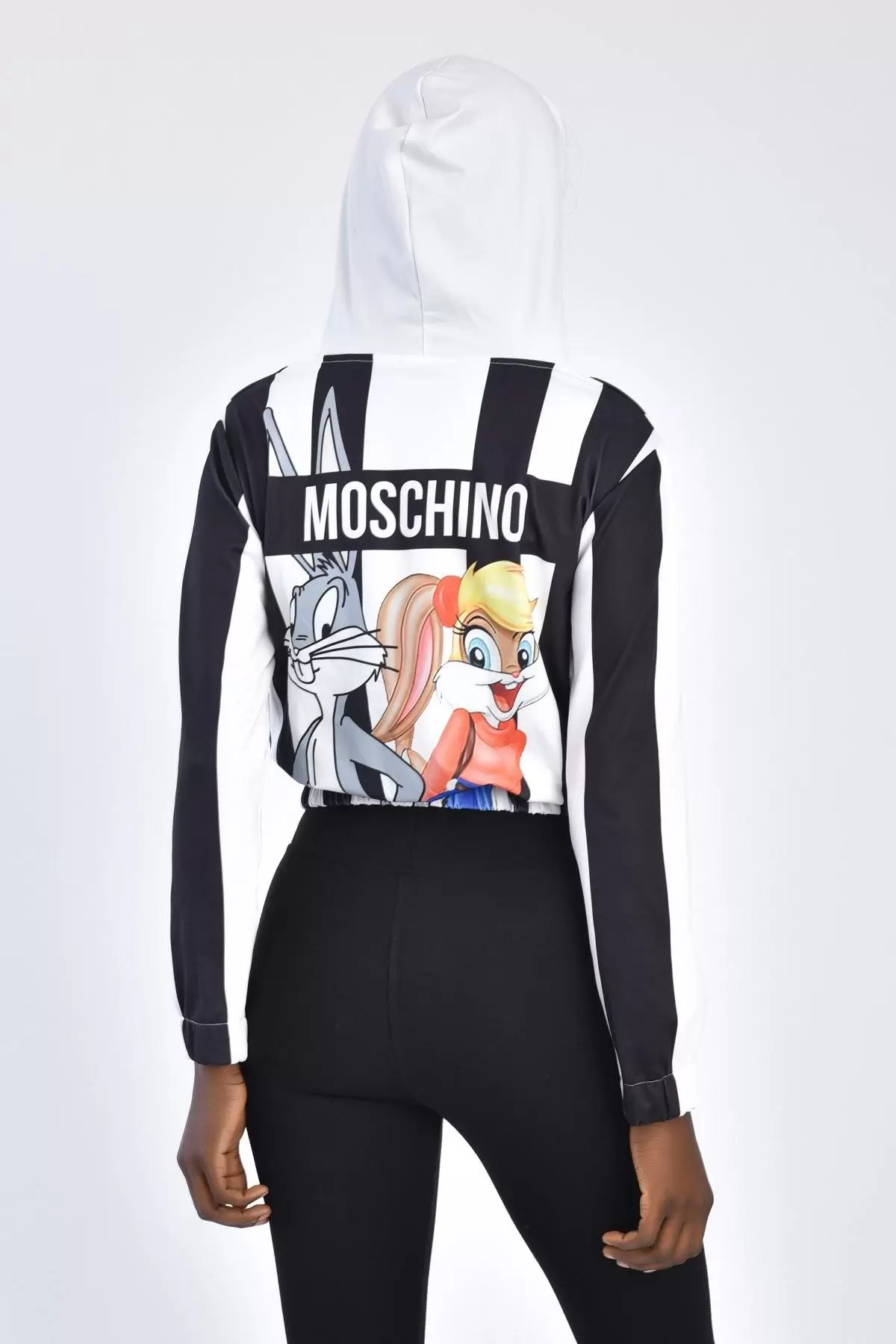 Kapüşonlu Ön ve Arka Baskılı Cepli Siyah Çizgili Beyaz Kadın Sweatshirt