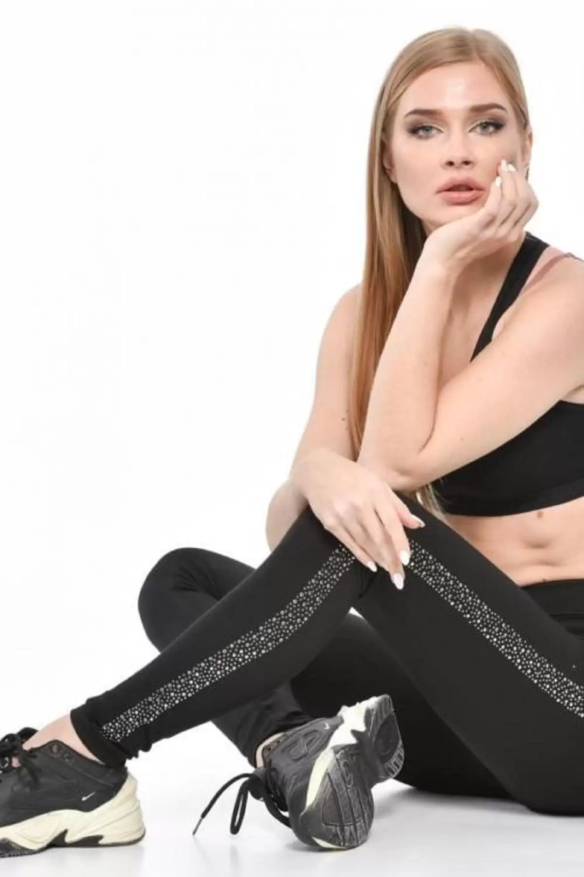 Kar Taneli Yandan Sıra Taş Dizinli Siyah Kadın Tayt