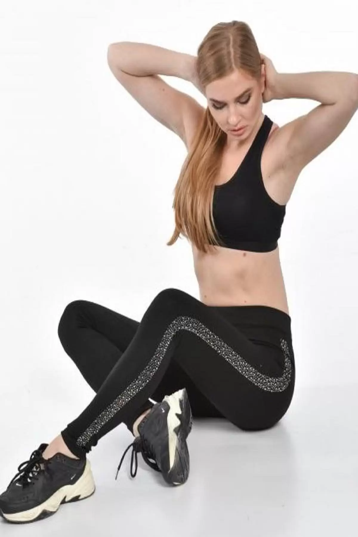 Kar Taneli Yandan Sıra Taş Dizinli Siyah Kadın Tayt