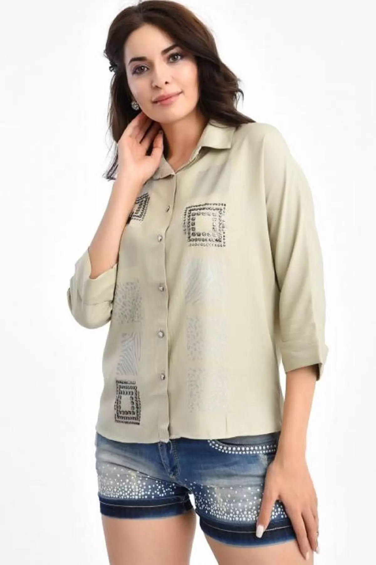 Kare Sıra Taşlı Kısa Kollu Bej Kadın Gömlek