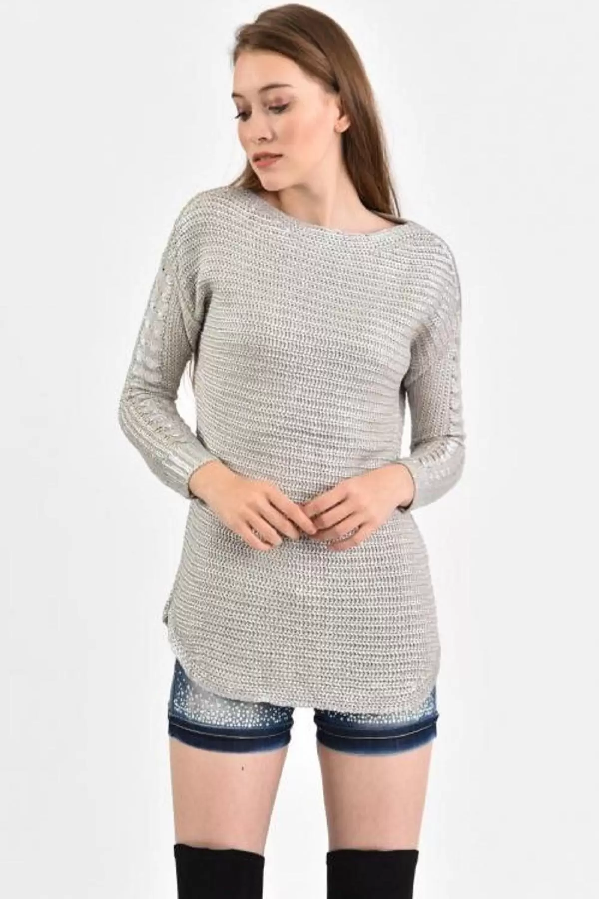 Kayık Yaka Kol Detaylı Zincir Örme Taş Kadın Kazak