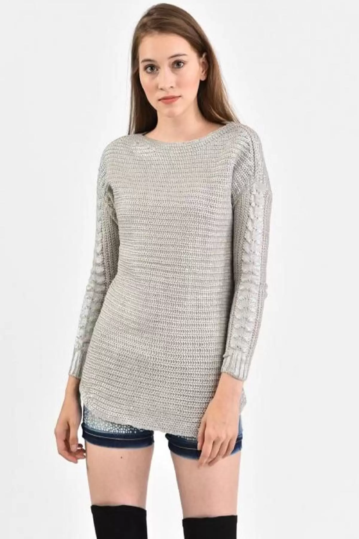 Kayık Yaka Kol Detaylı Zincir Örme Taş Kadın Kazak