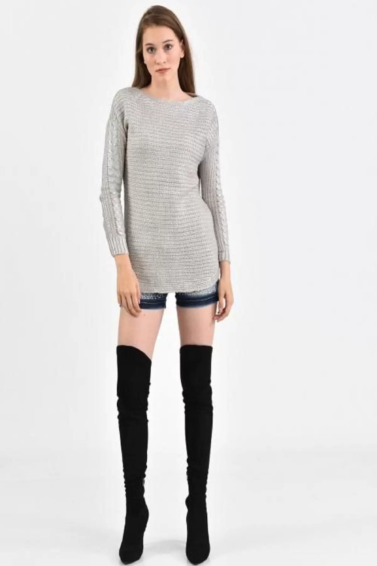 Kayık Yaka Kol Detaylı Zincir Örme Taş Kadın Kazak